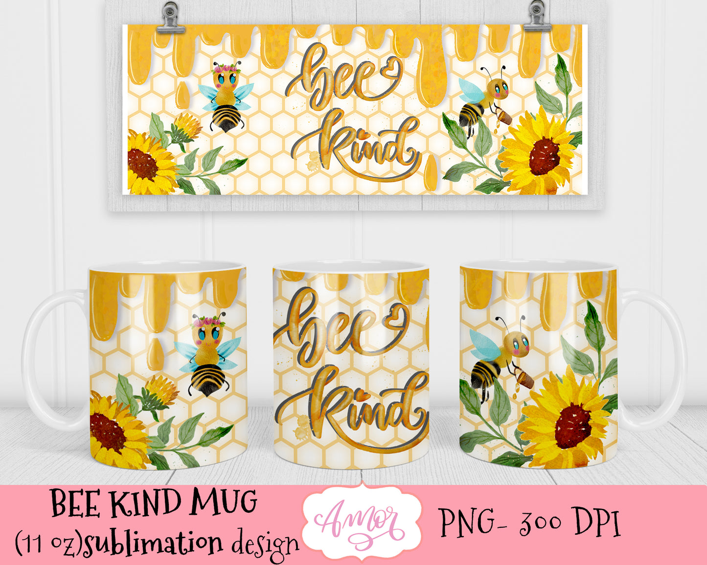 Bee Kind sublimation design for 11oz mugs