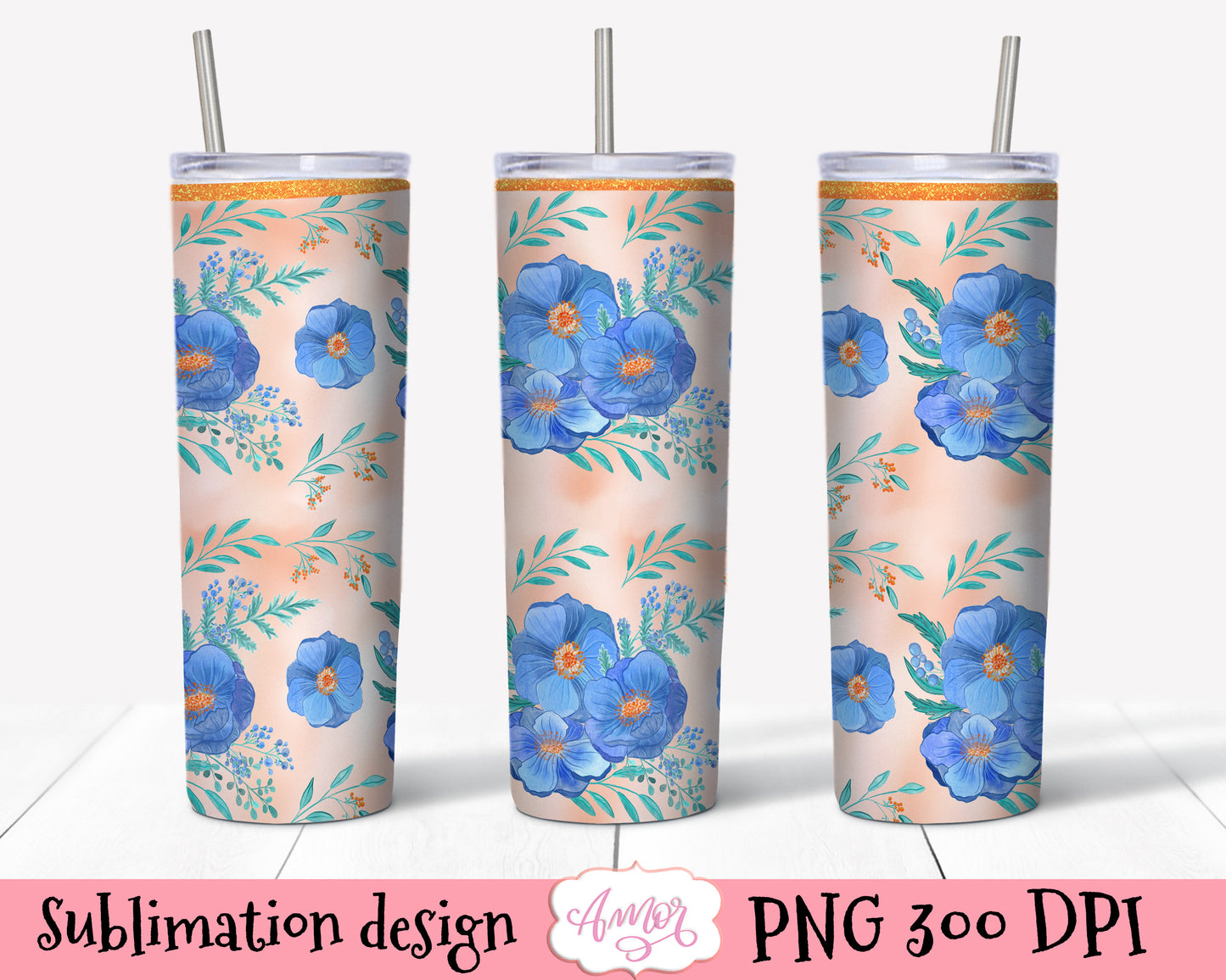 Blue Floral 20oz tumbler wrap for sublimation