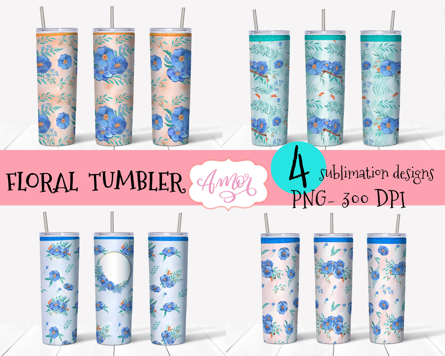 Blue Floral 20oz tumbler wraps BUNDLE