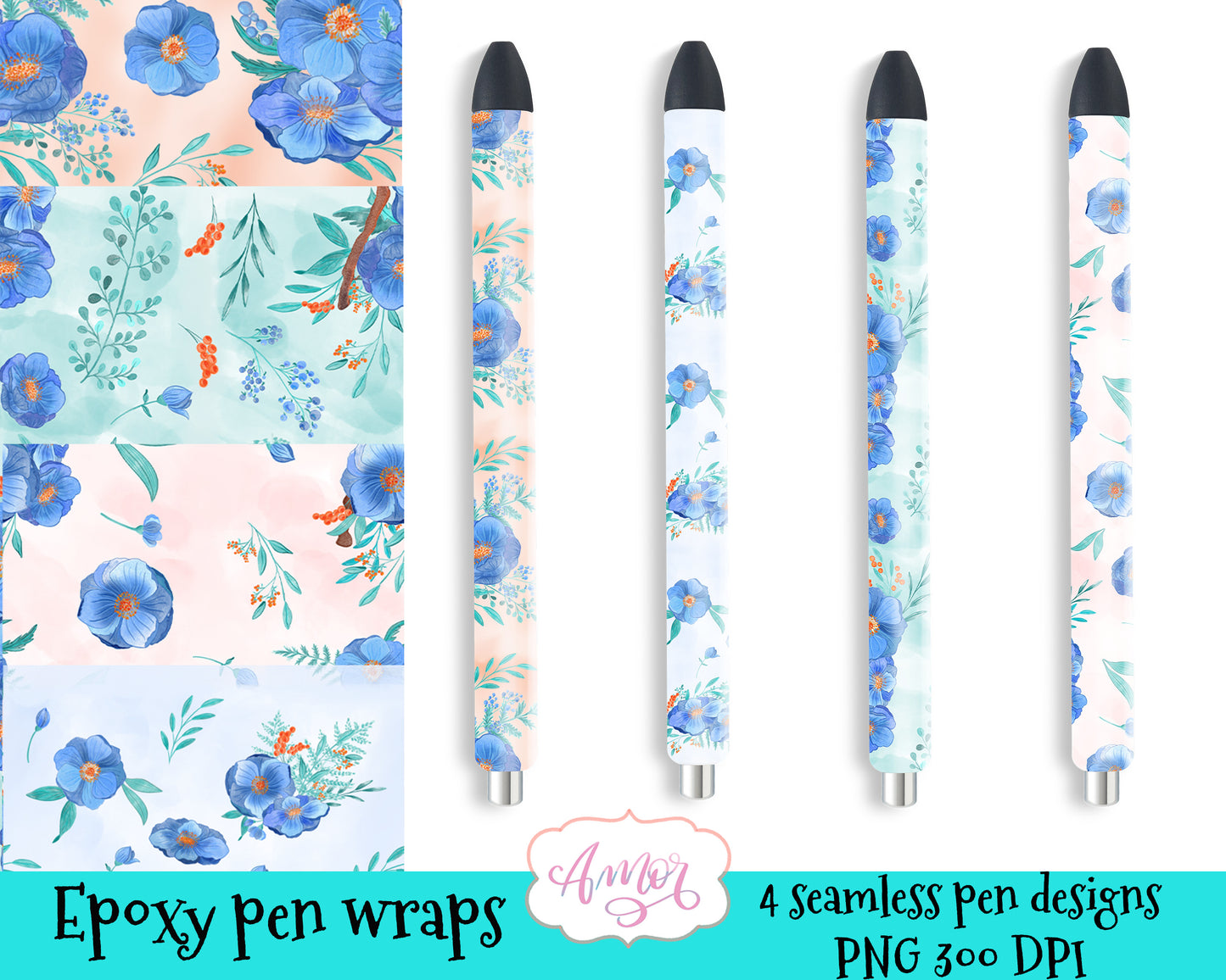 Blue Floral pen wraps