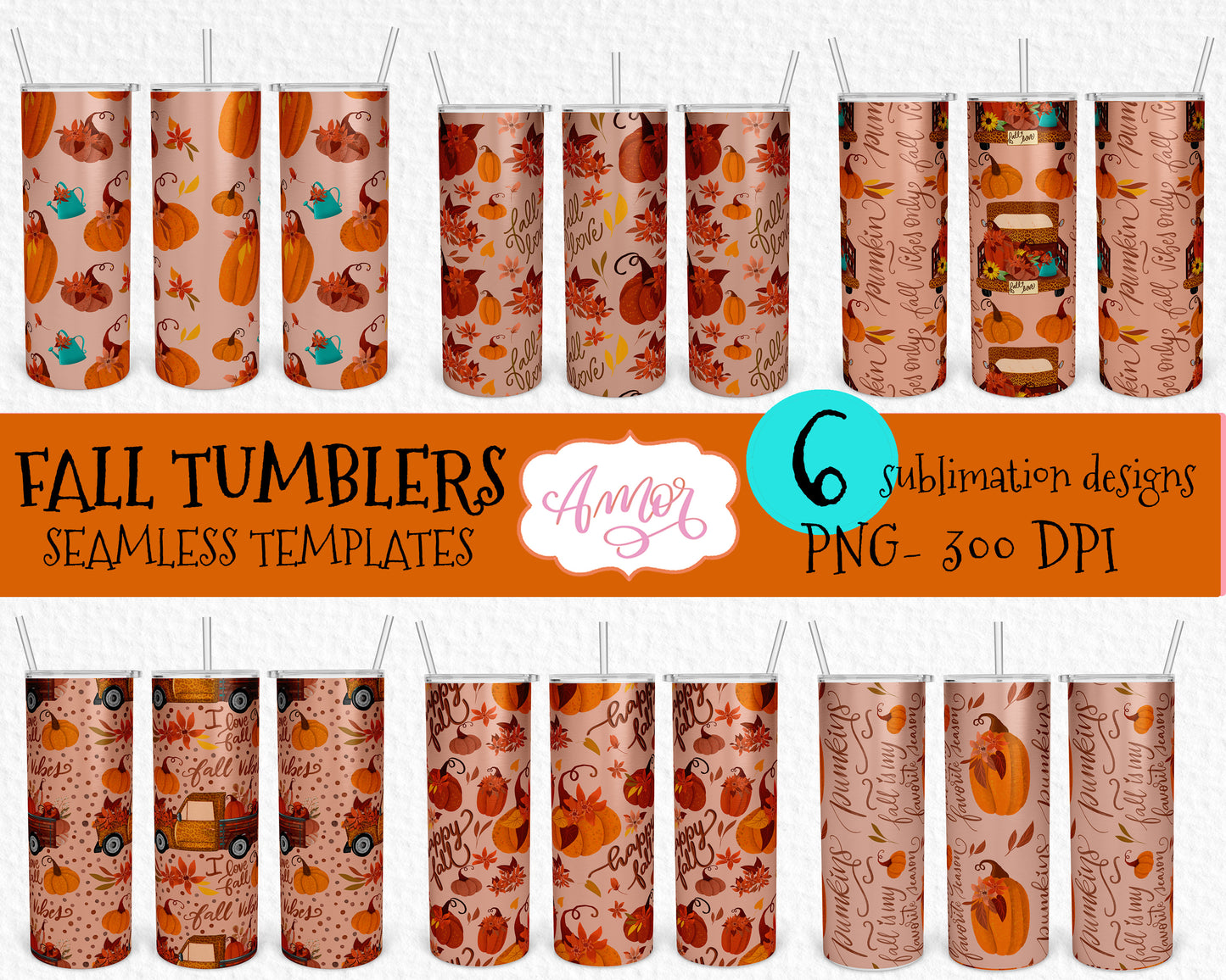 Bundle of 6 Fall tumbler wrap designs for sublimation
