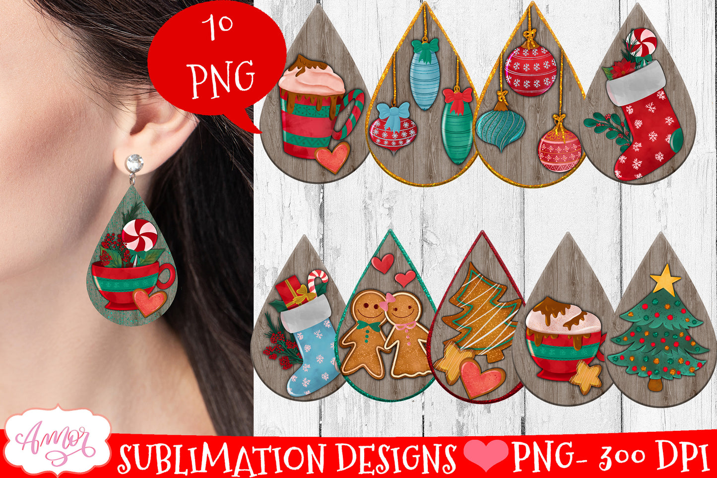 Christmas Teardrop earring sublimation Bundle 10 designs PNG