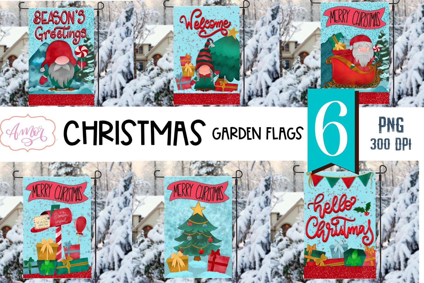 Christmas garden flag sublimation BUNDLE, 6 Holidays PNG