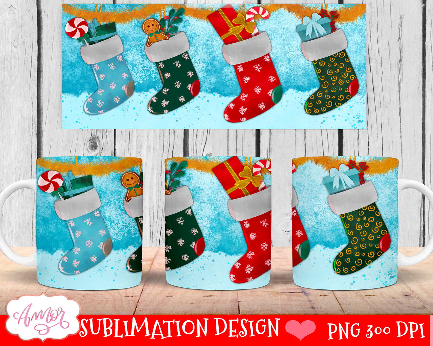 Christmas stockings design for mug sublimation Holiday PNG