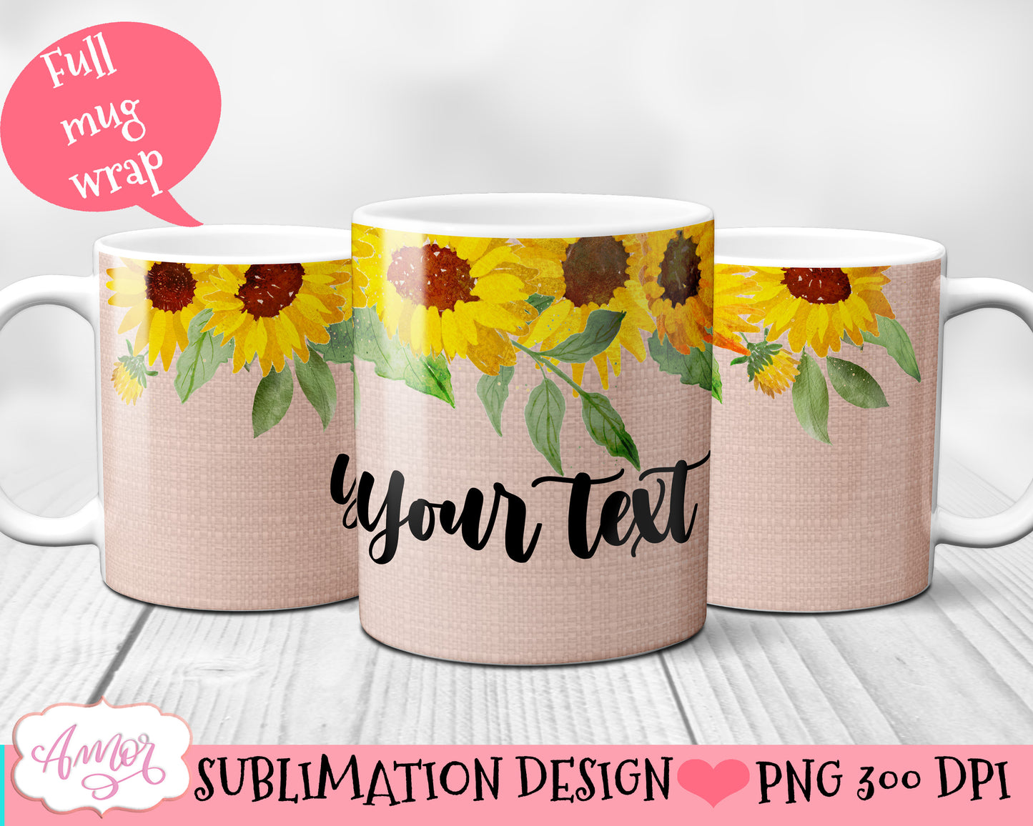 Customizable mug wrap PNG sublimation with sunflowers