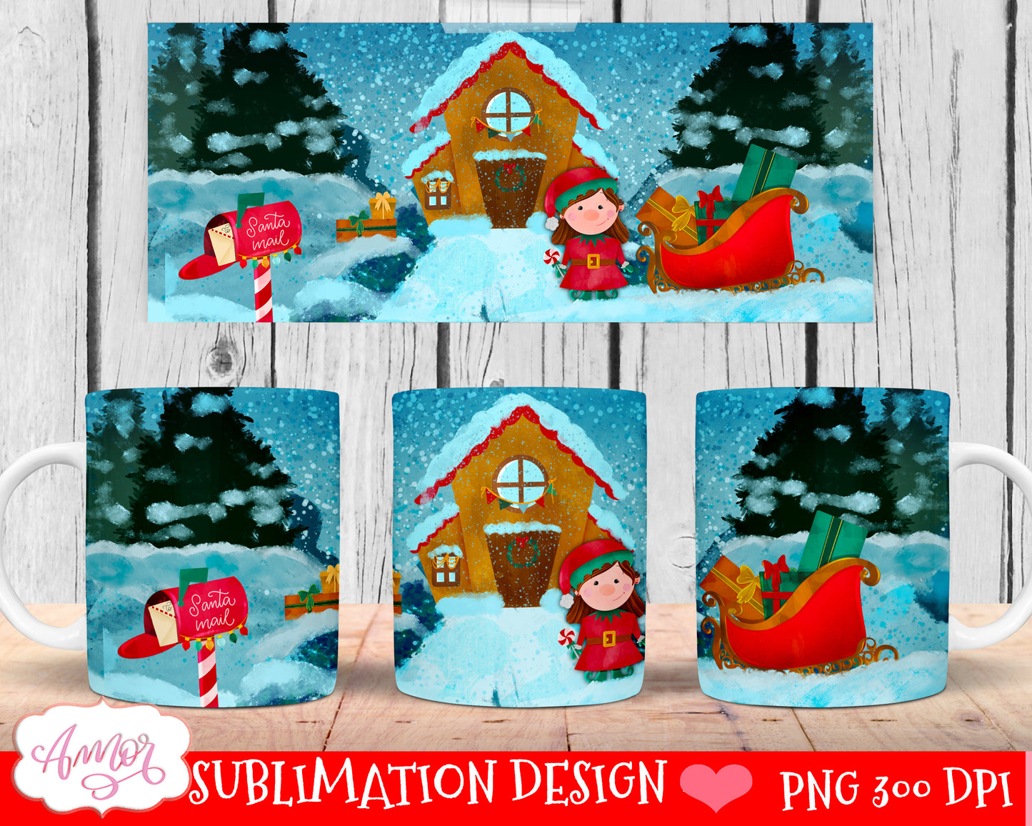 Cute Christmas Elf Mug Wrap PNG for Sublimation for girls
