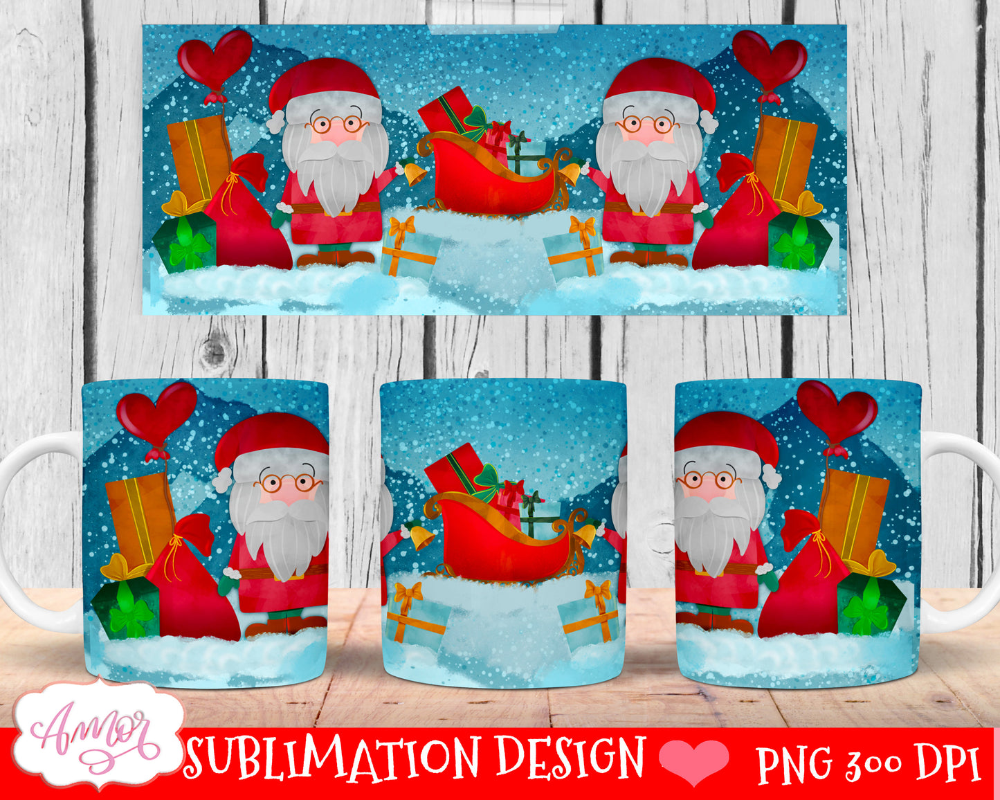 Cute Santa mug wrap sublimation Christmas sleigh PNG