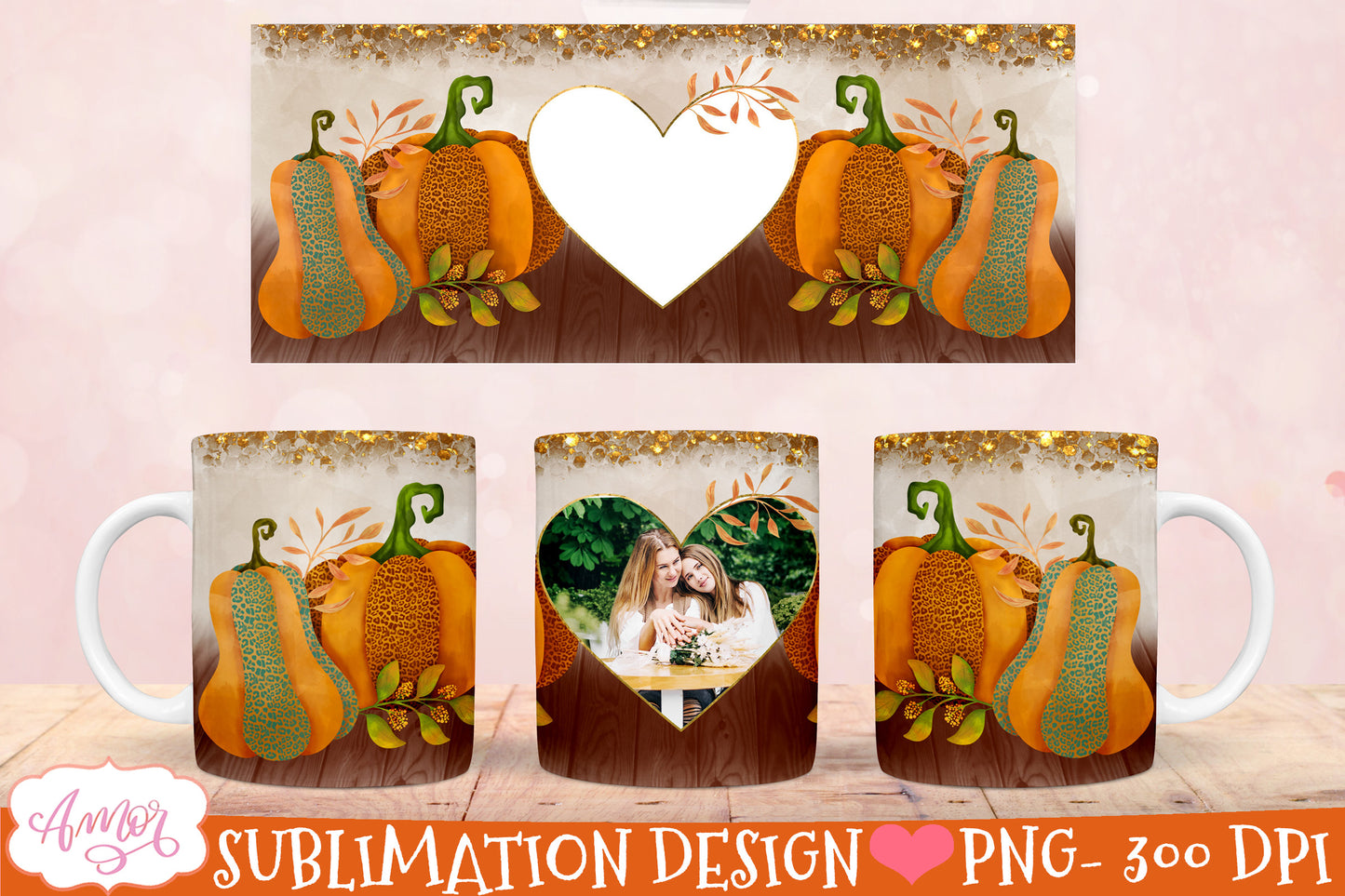 Thanksgiving photo mug wrap for sublimation | 6 fall mug PNG