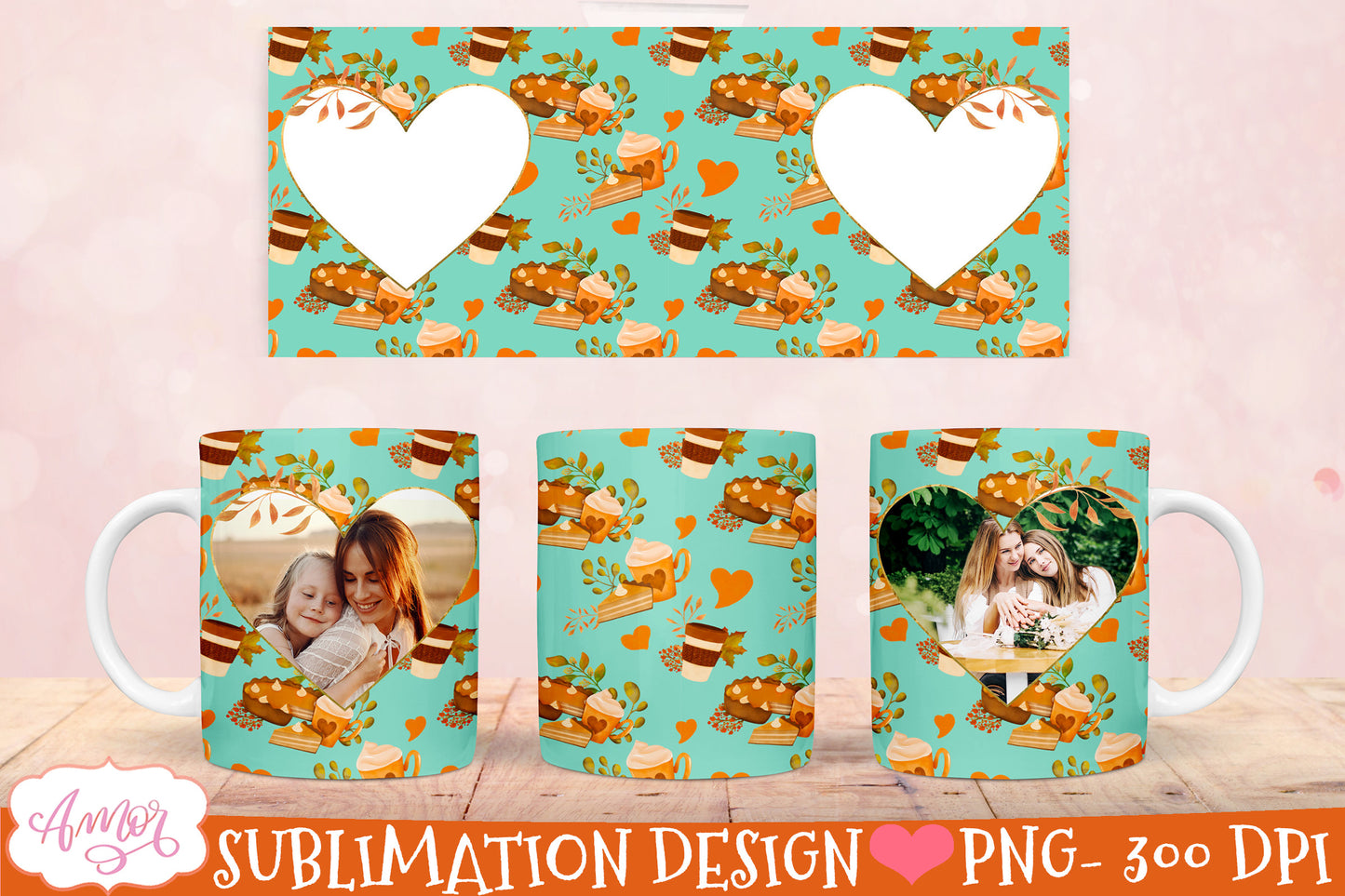 Thanksgiving photo mug wrap for sublimation | 6 fall mug PNG