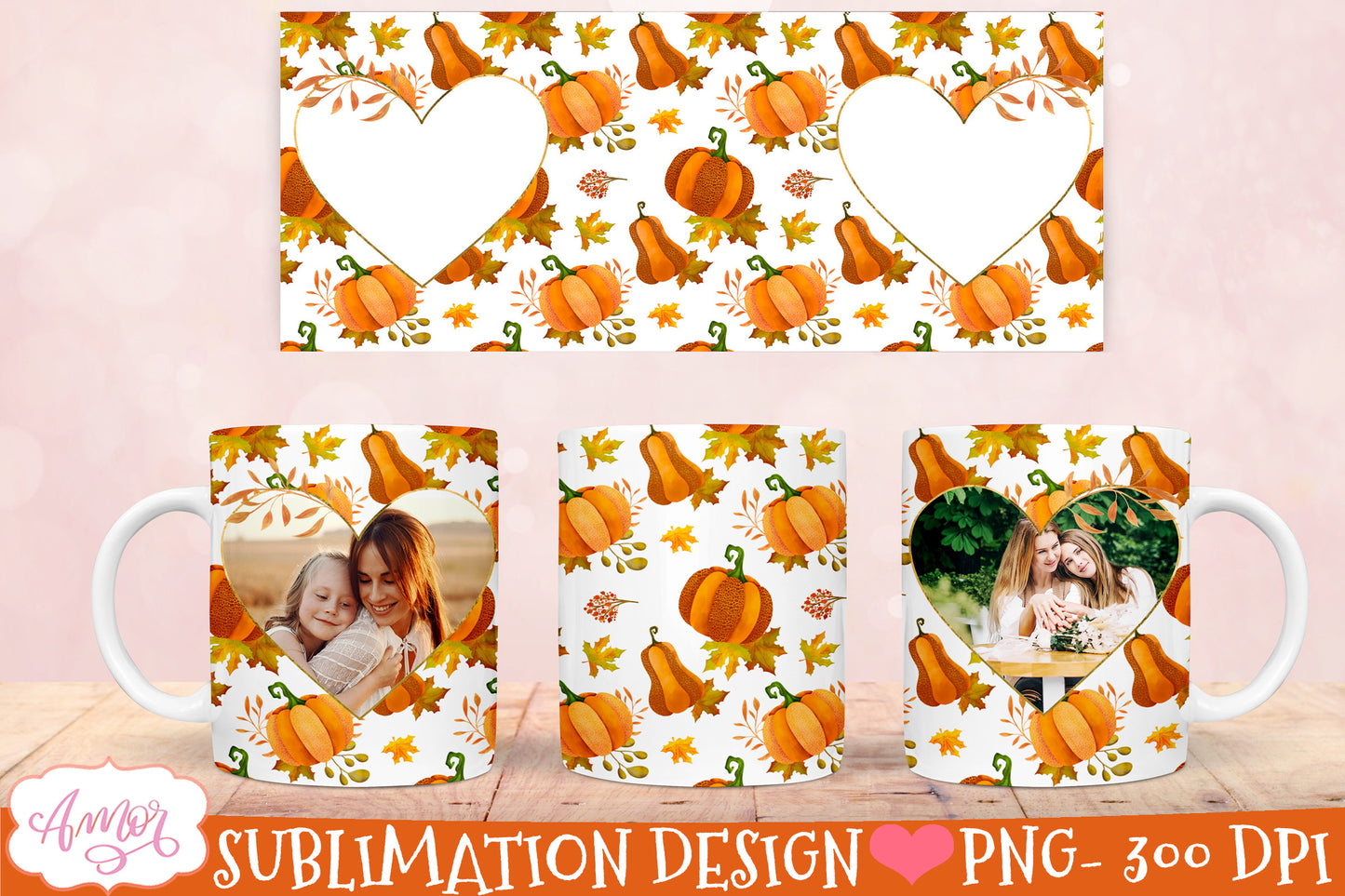 Thanksgiving photo mug wrap for sublimation | 6 fall mug PNG