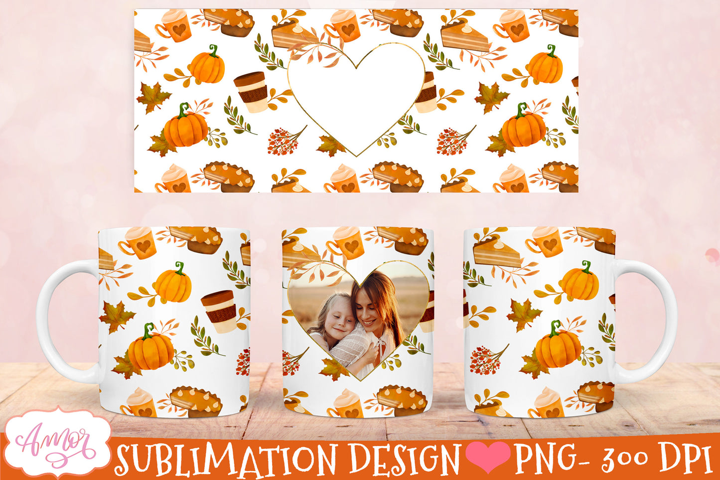 Thanksgiving photo mug wrap for sublimation | 6 fall mug PNG