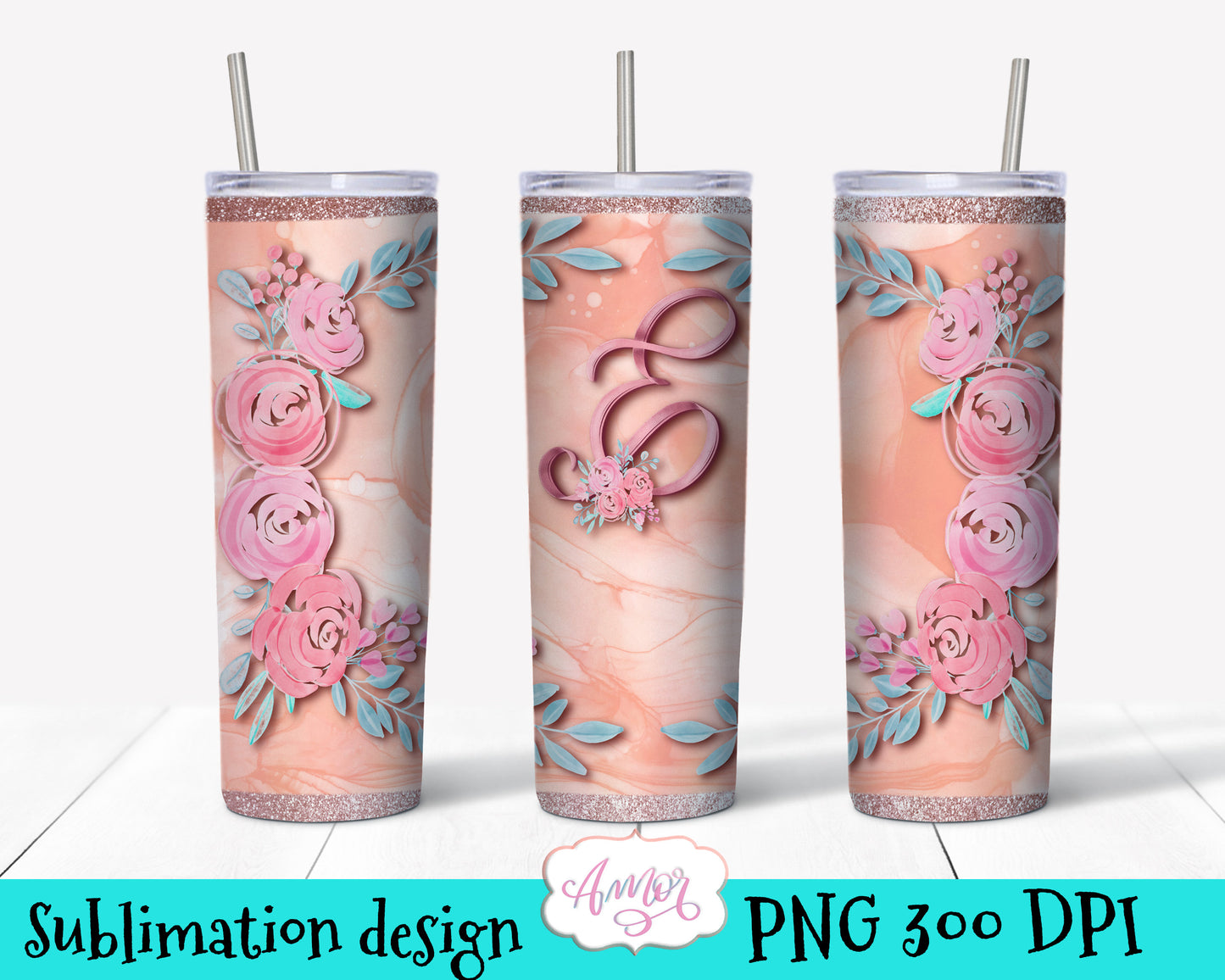 Letter "E" Monogram tumbler wrap PNG design for sublimation