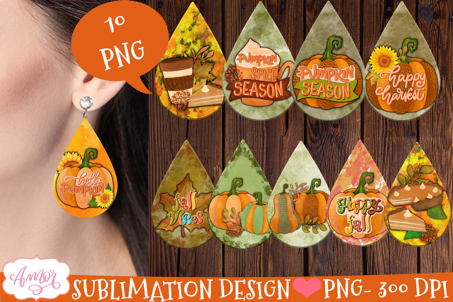 Fall Teardrop earring sublimation Bundle, 10 designs PNG