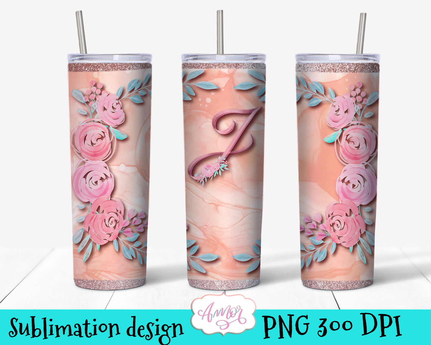 Letter "J" Monogram tumbler wrap PNG design for sublimation