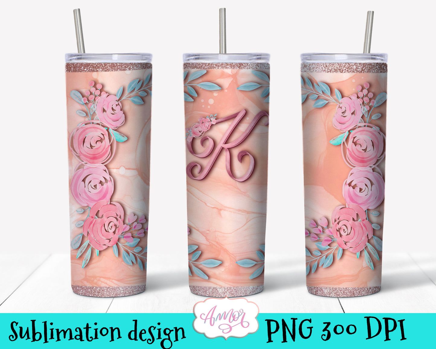 Letter "K" Monogram tumbler wrap PNG design for sublimation