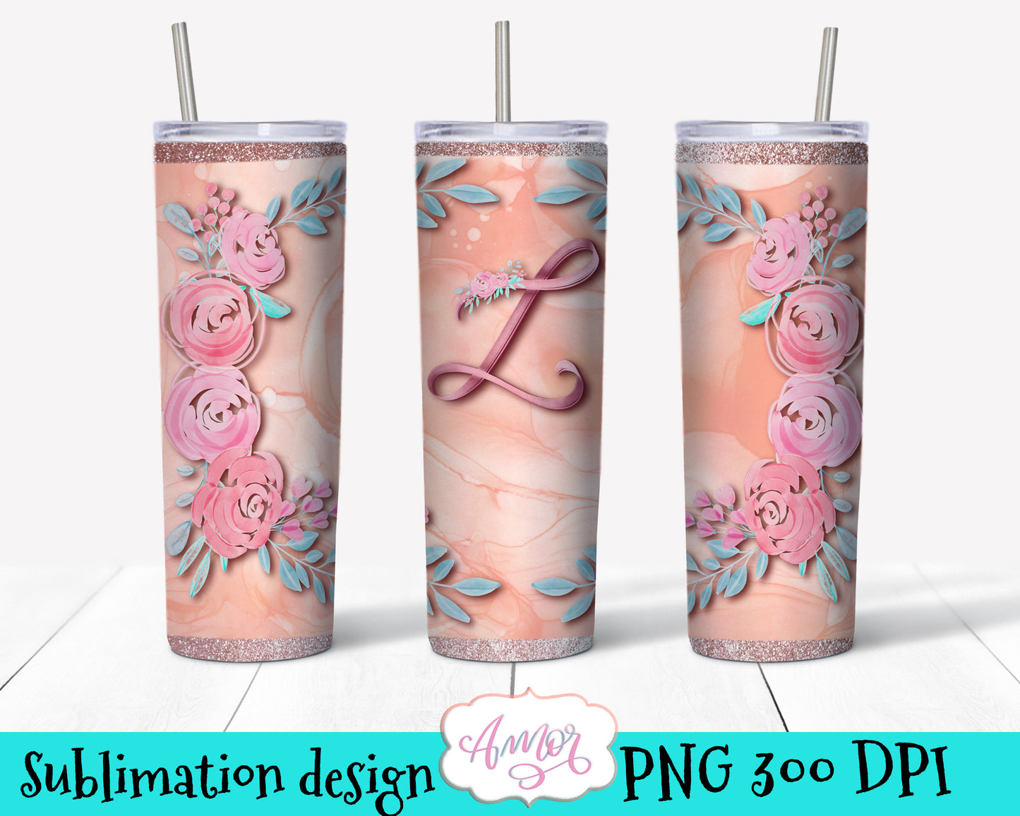 Letter "L" Monogram tumbler wrap PNG design for sublimation
