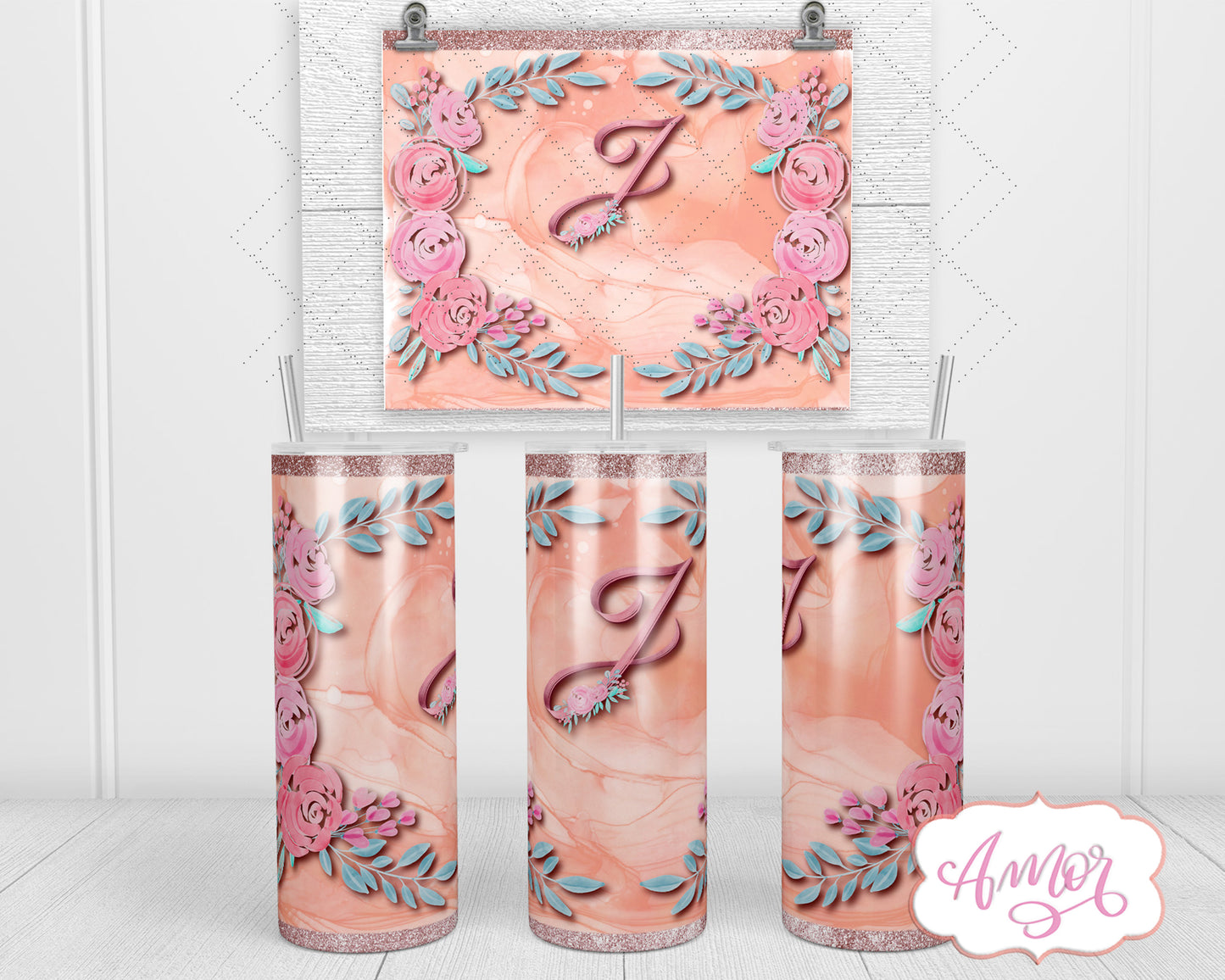 Letter "J" Monogram tumbler wrap PNG design for sublimation