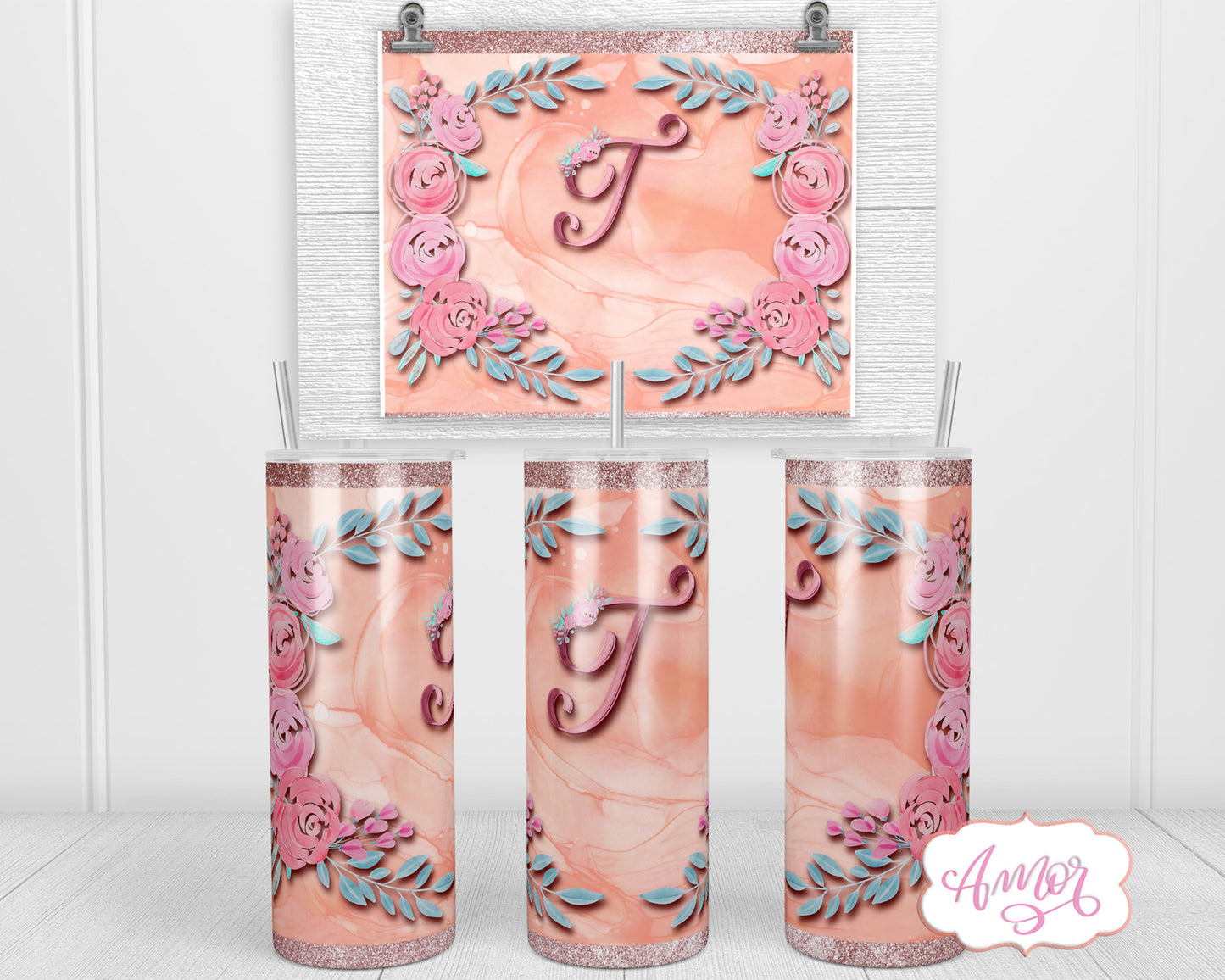 Letter T Monogram tumbler wrap PNG design for sublimation