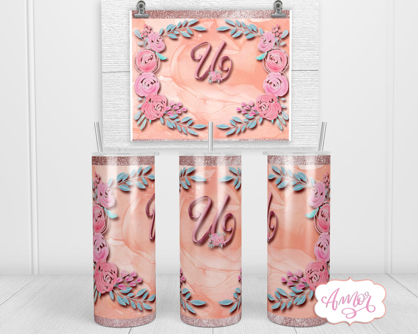 Letter U Monogram tumbler wrap PNG design for sublimation