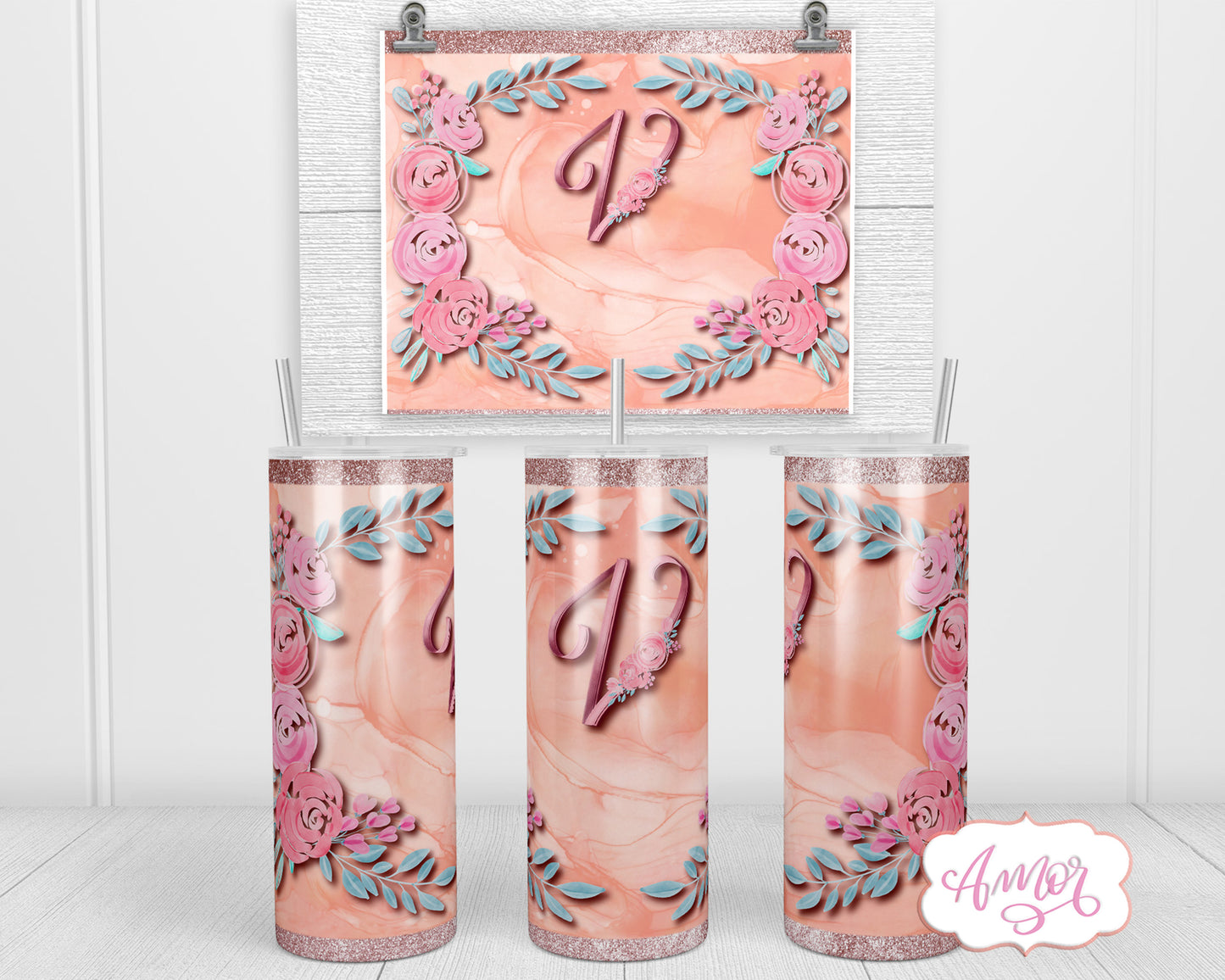 Letter V Monogram tumbler wrap PNG design for sublimation