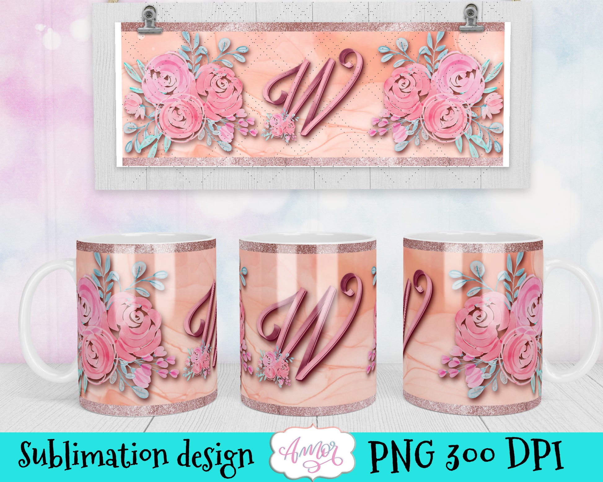 Letter W Monogram mug wrap template for 11oz mug sublimation