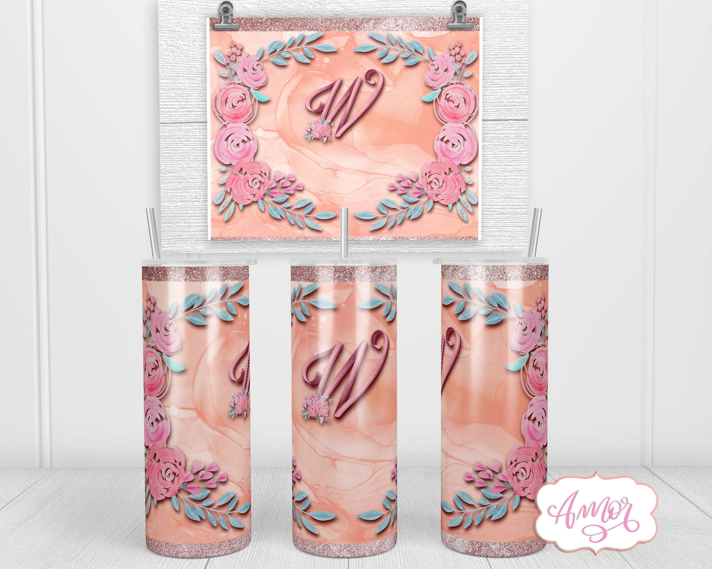 Letter W Monogram tumbler wrap PNG design for sublimation