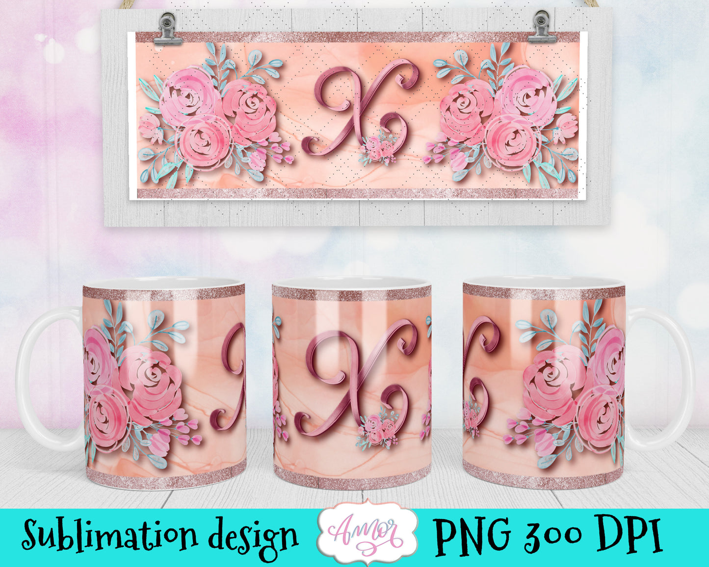 Letter X Monogram mug wrap template for 11oz mug sublimation