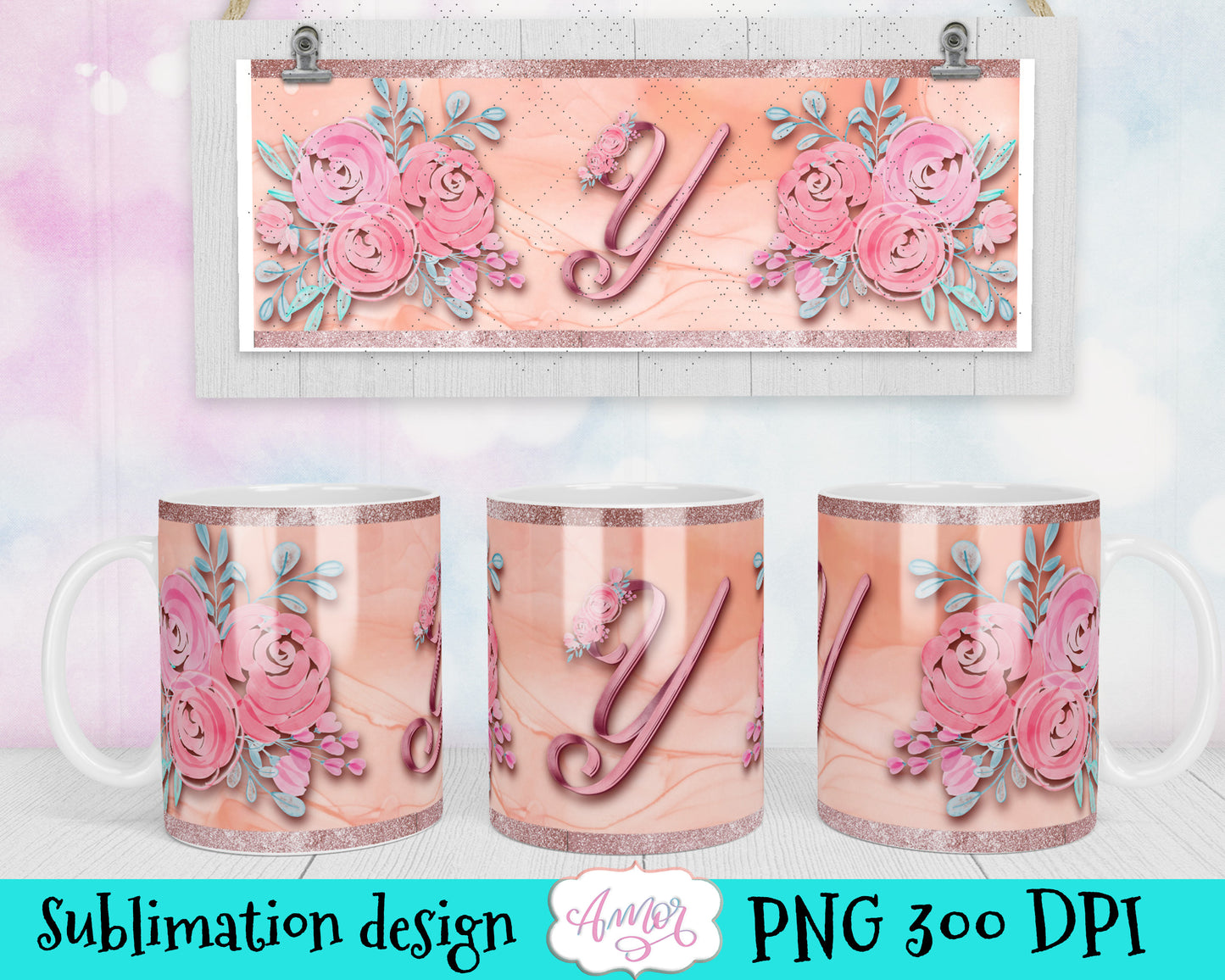Letter Y Monogram mug wrap template for 11oz mug sublimation