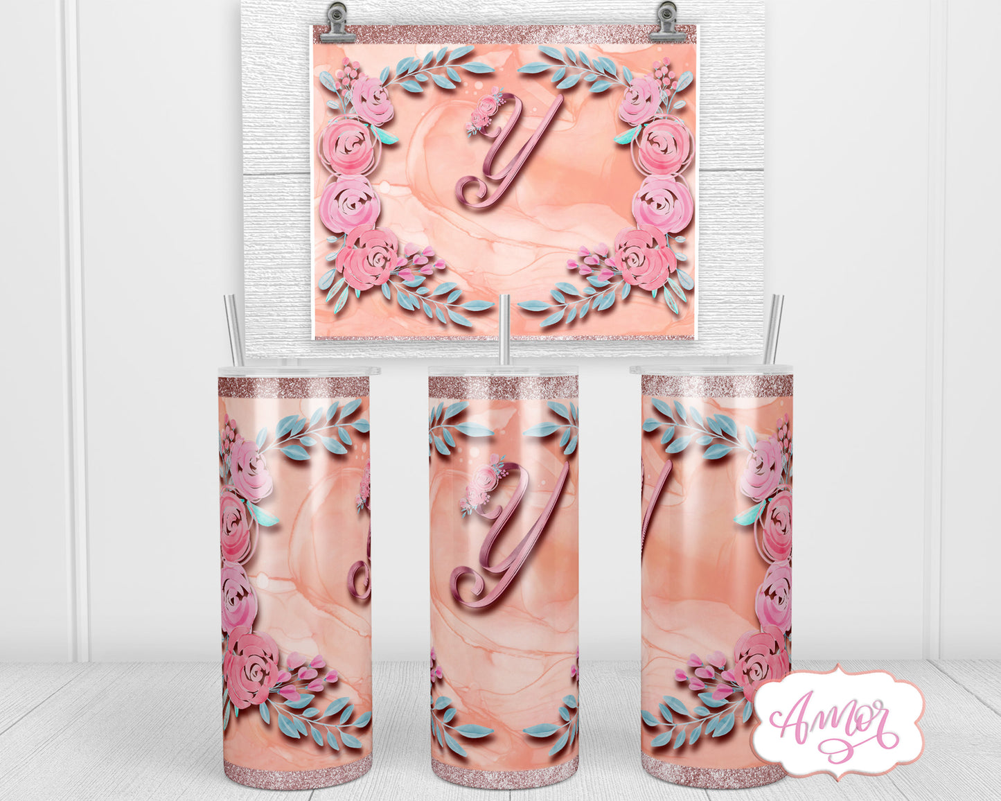 Letter Y Monogram tumbler wrap PNG design for sublimation