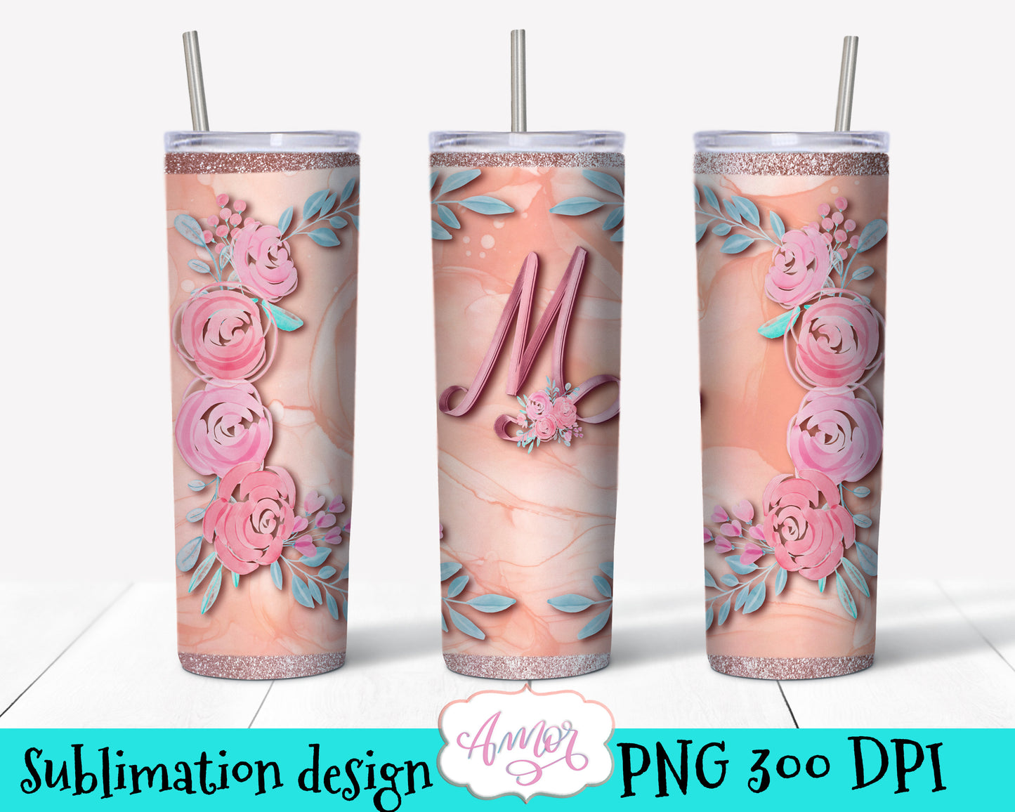 Letter "M" Monogram tumbler wrap PNG design for sublimation