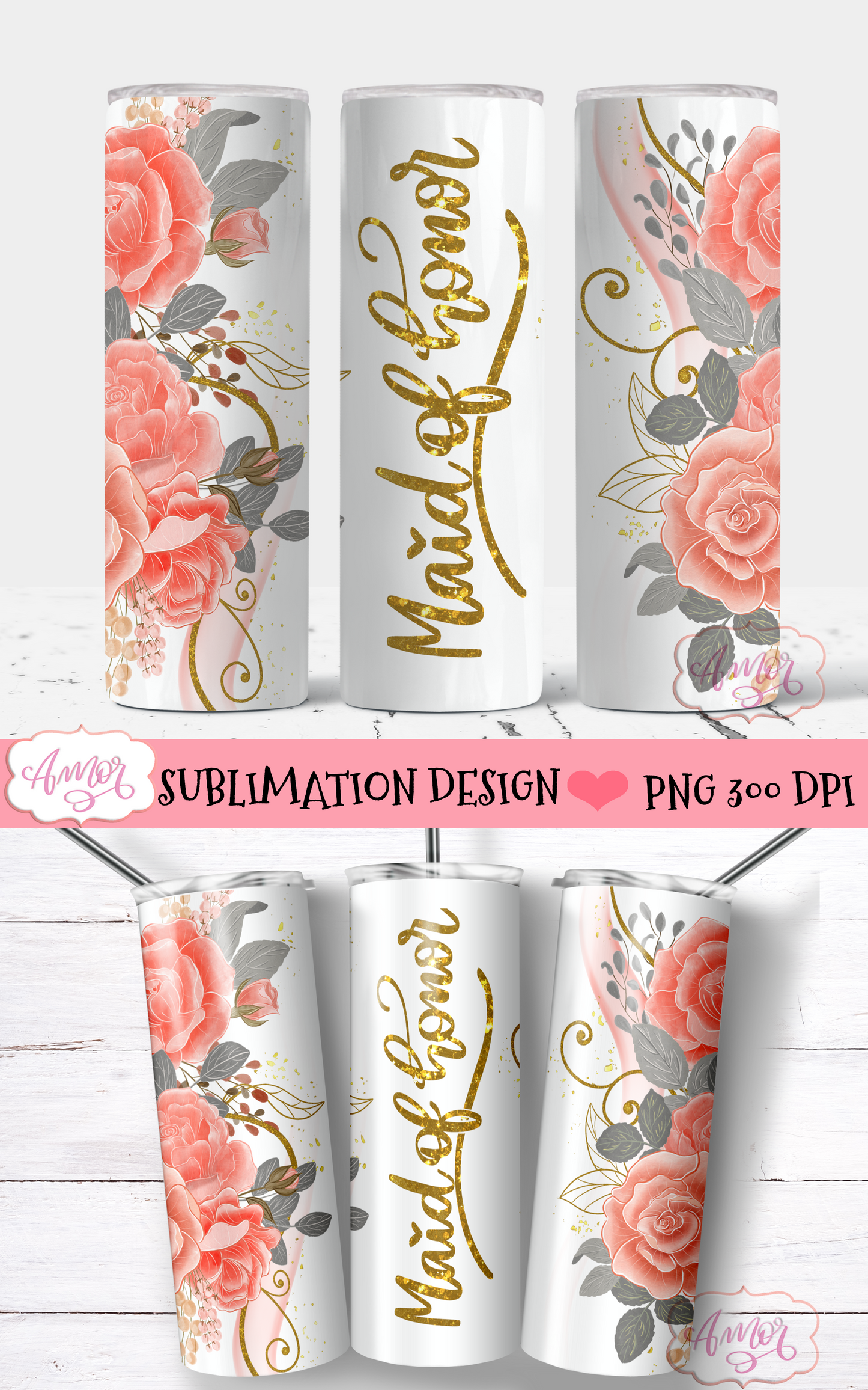 Bridal party tumbler wraps matching designs for sublimation