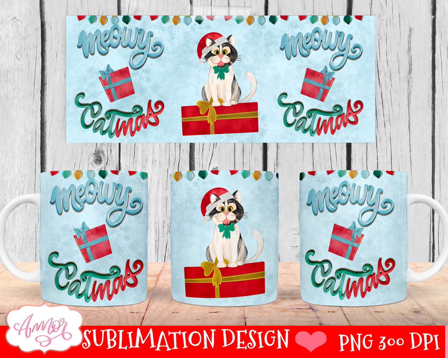 Meowy Catmas mug wrap for sublimation Cat lover mug PNG