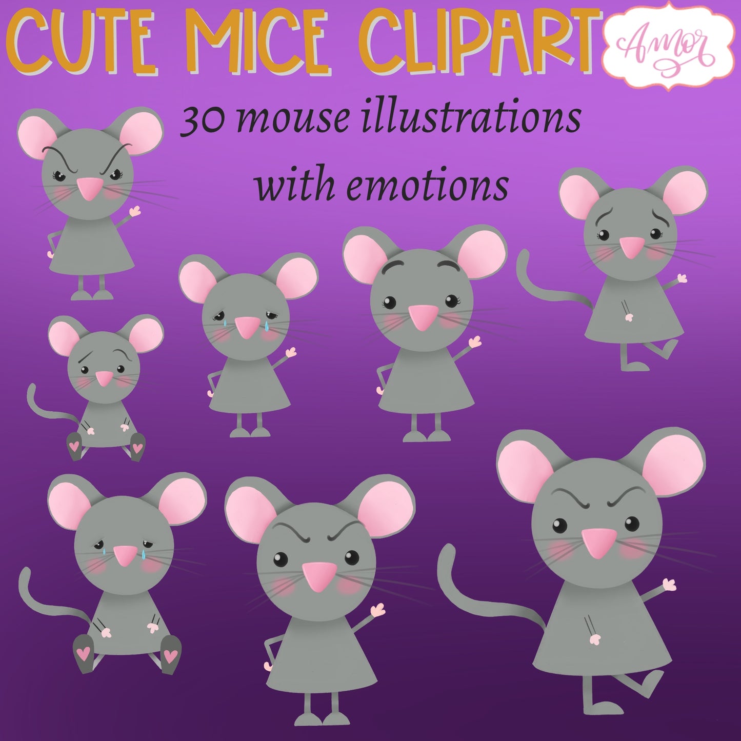 Cute mouse clipart with different emotions and accessories