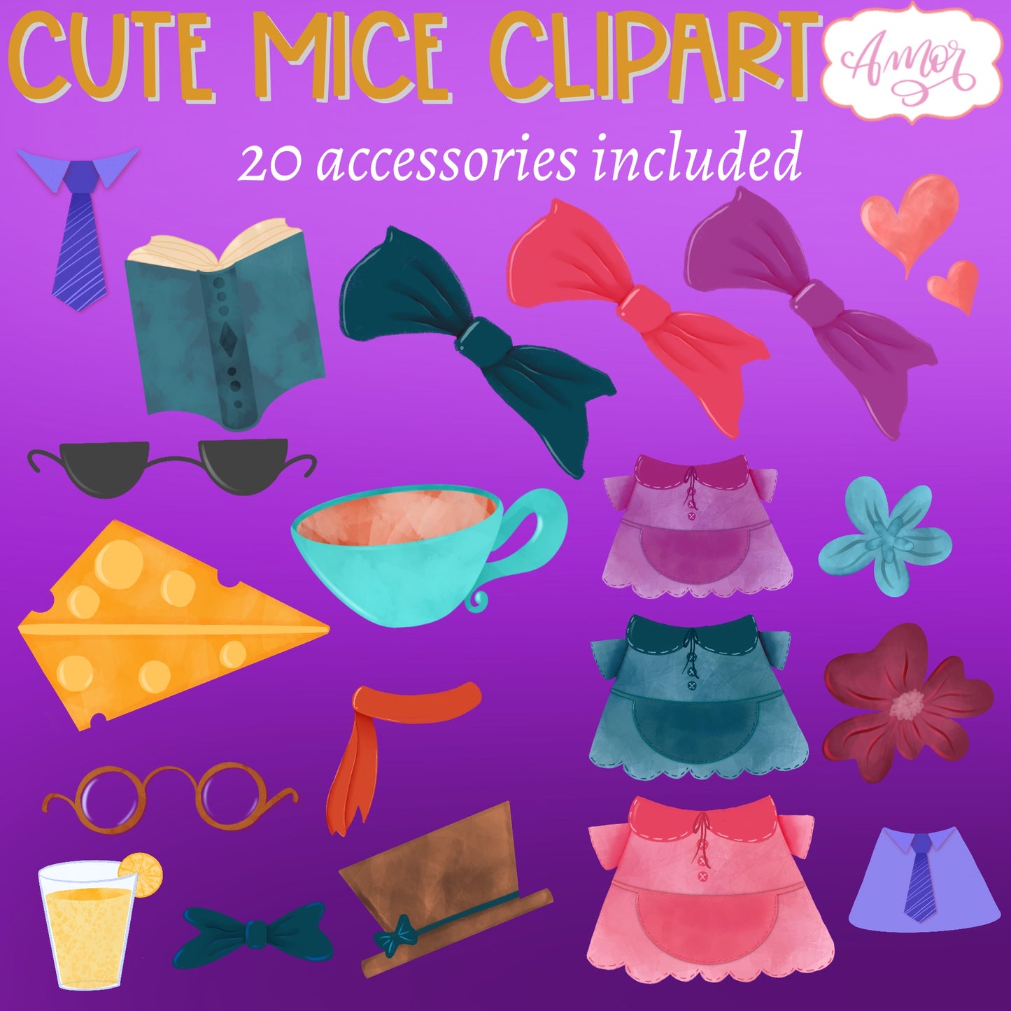 Cute mouse clipart with different emotions and accessories