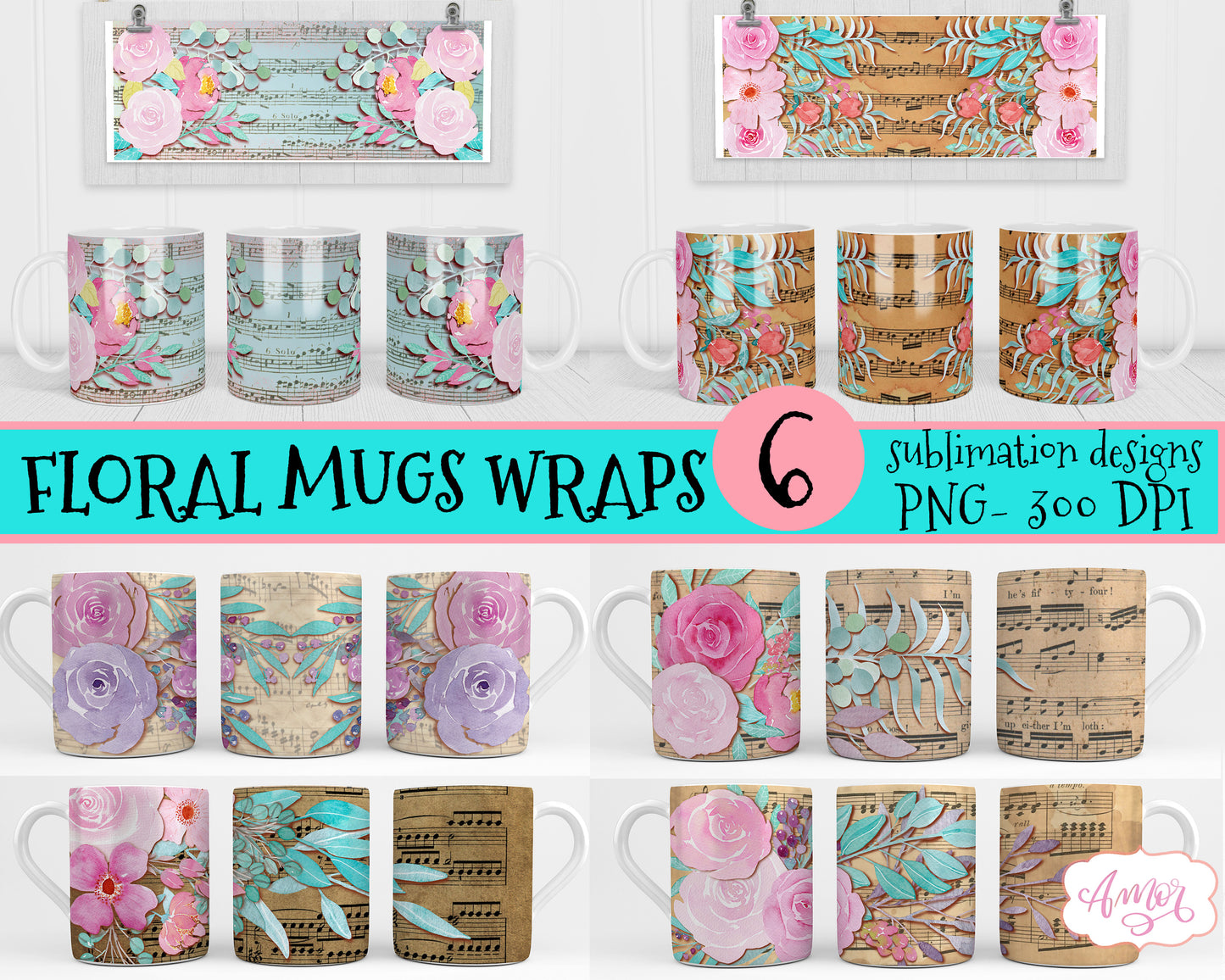 Music and flowers Mug sublimation Bundle