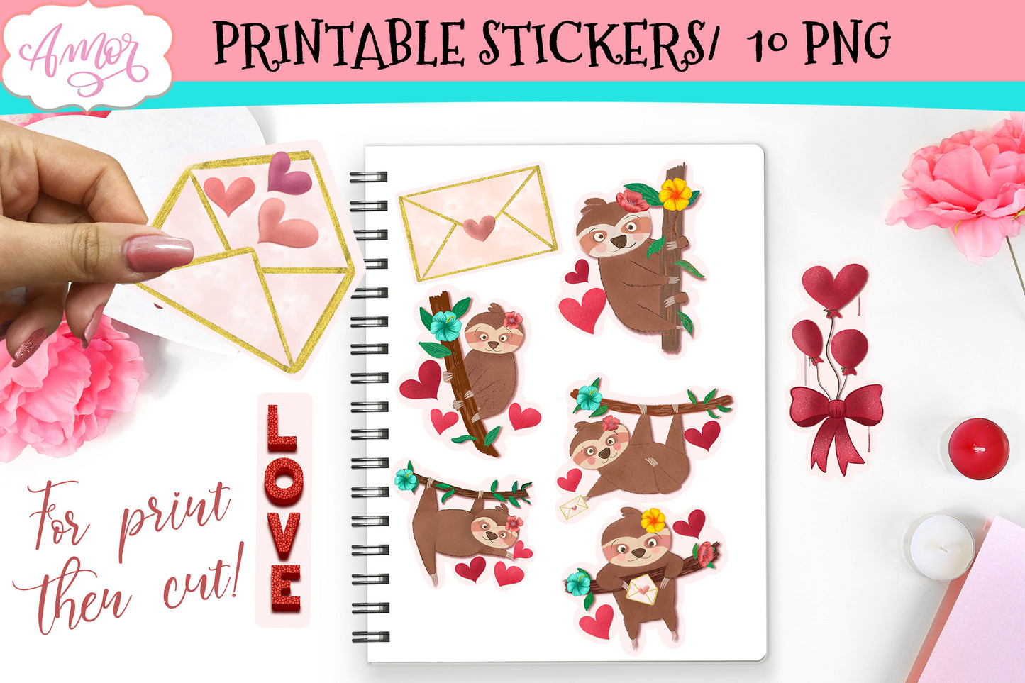 Valentine Cute Sloths Stickers for Print & Cut