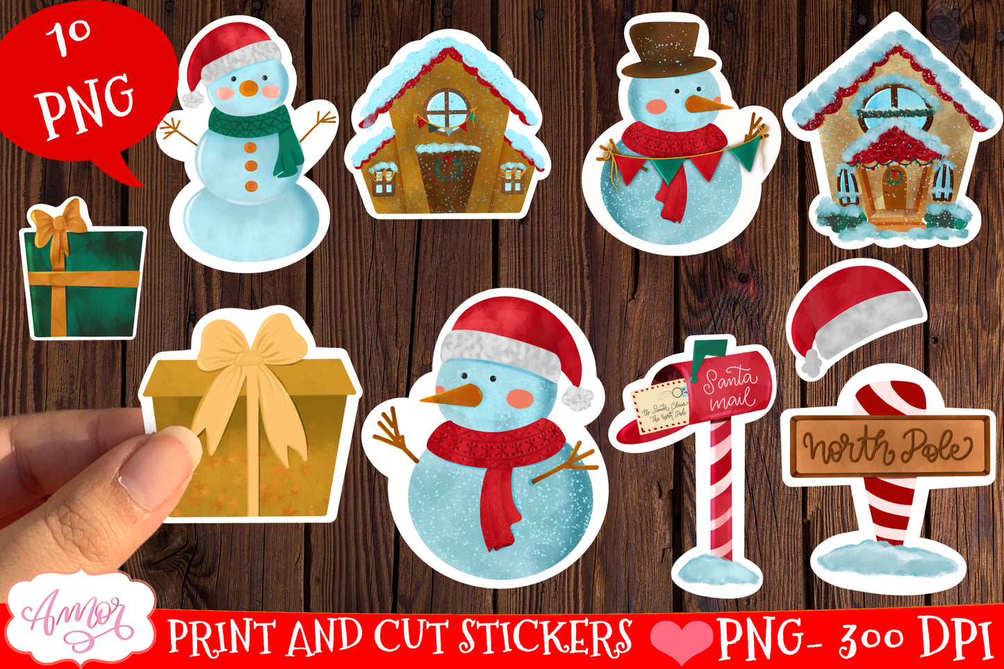 Cute Christmas stickers for print then cut on Cricut, 10 PNG
