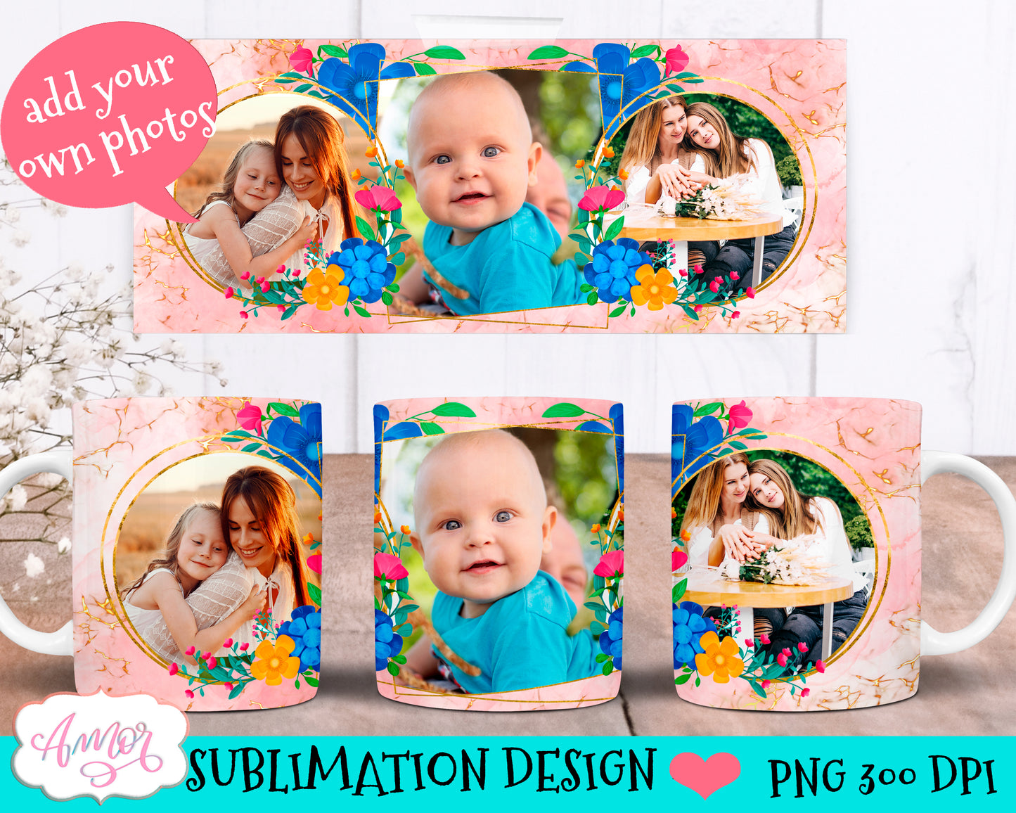 Photo collage mug wrap for sublimation 11oz 15oz