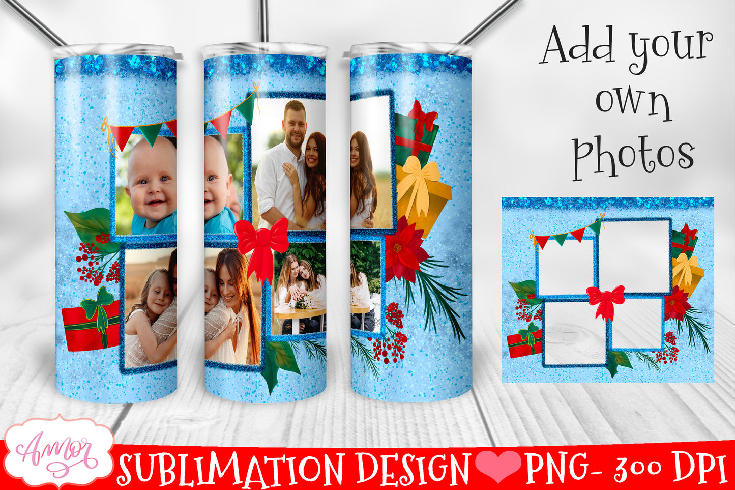 Add your own photos Christmas tumbler wrap PNG