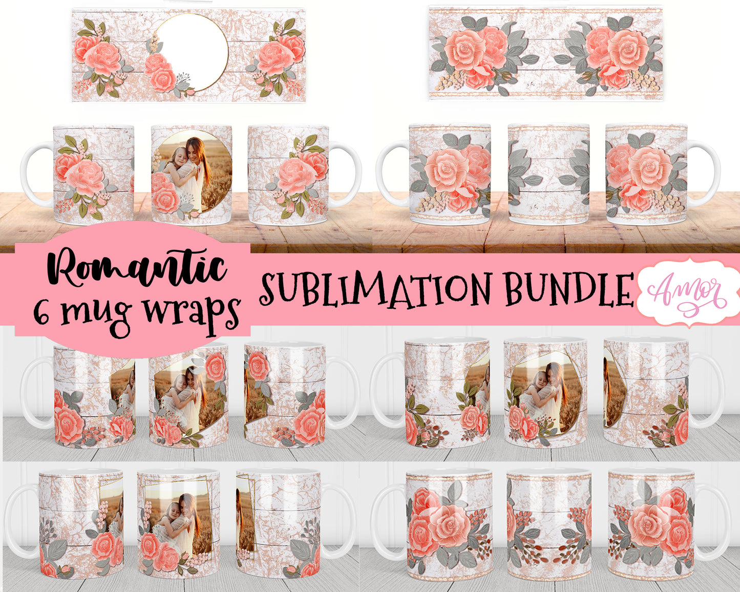 Romantic floral mug wraps for sublimation BUNDLE