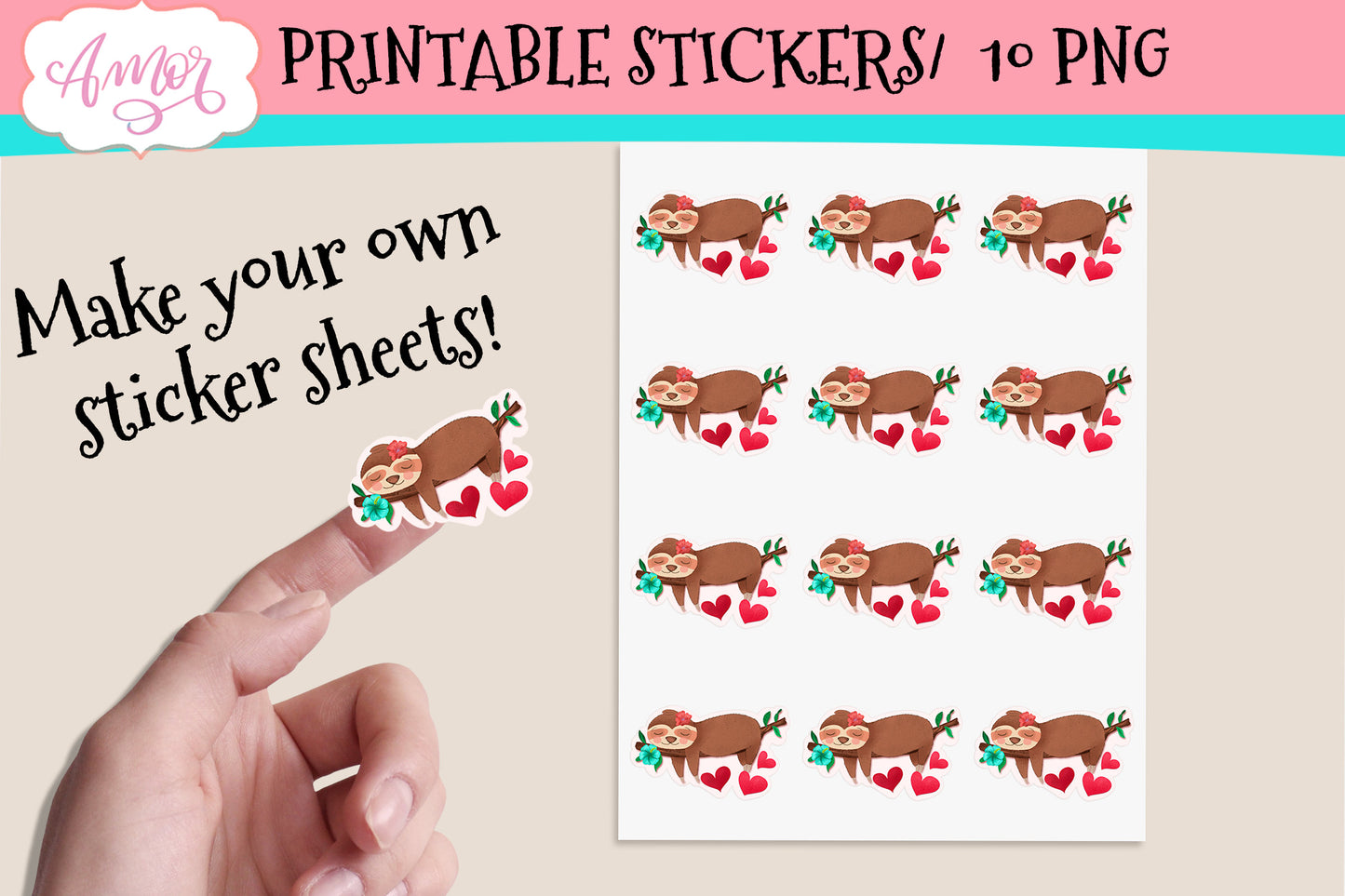 Valentine Cute Sloths Stickers for Print & Cut
