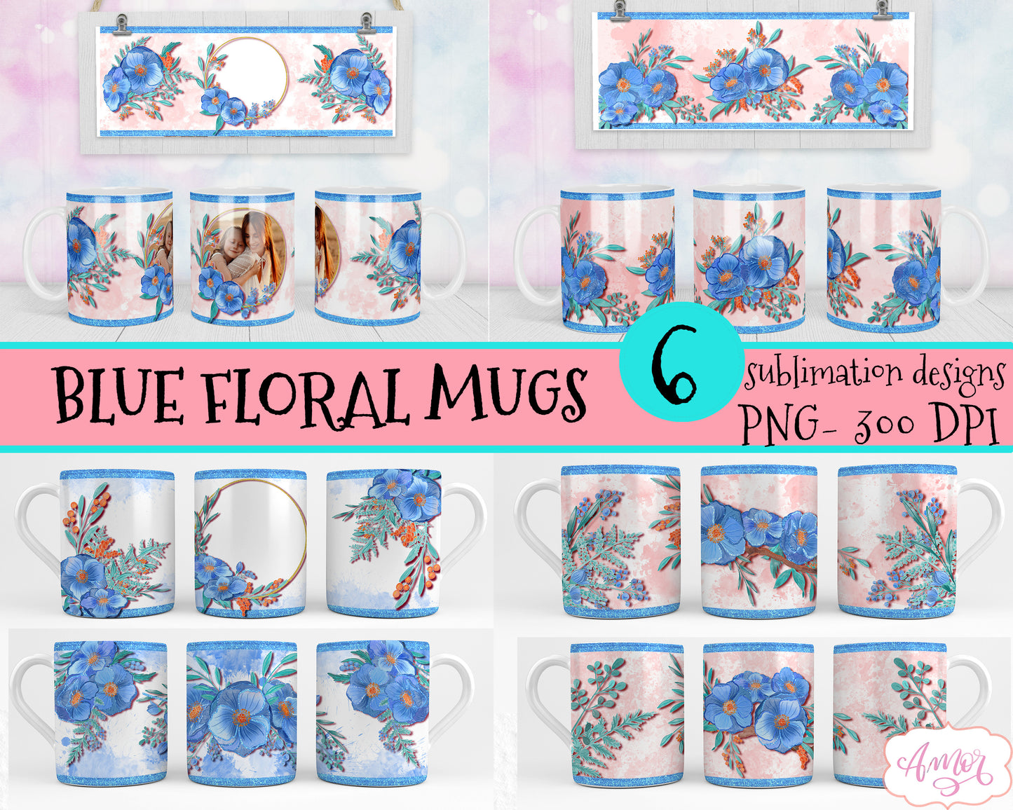 Watercolor Blue Floral Designs for mug sublimation BUNDLE