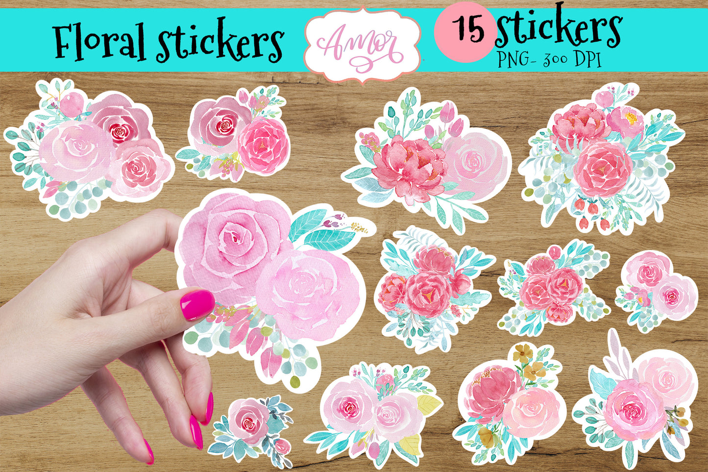 Watercolor Floral Printable scrapbook stickers