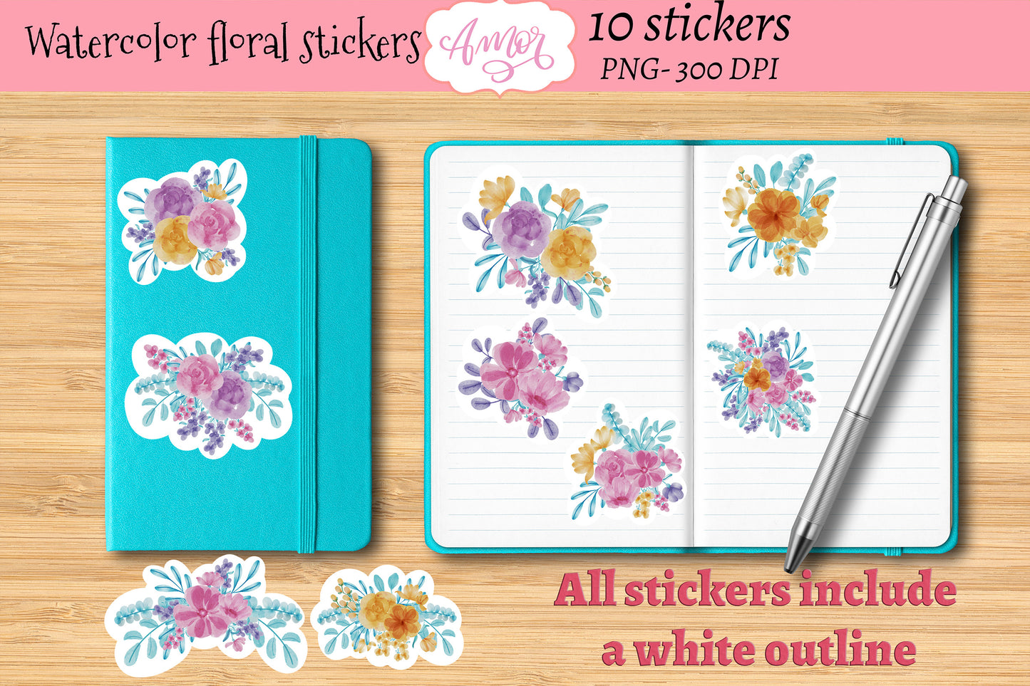 Watercolor Floral Stickers for print then cut