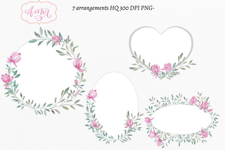Watercolor pink floral frames Clipart for invitations