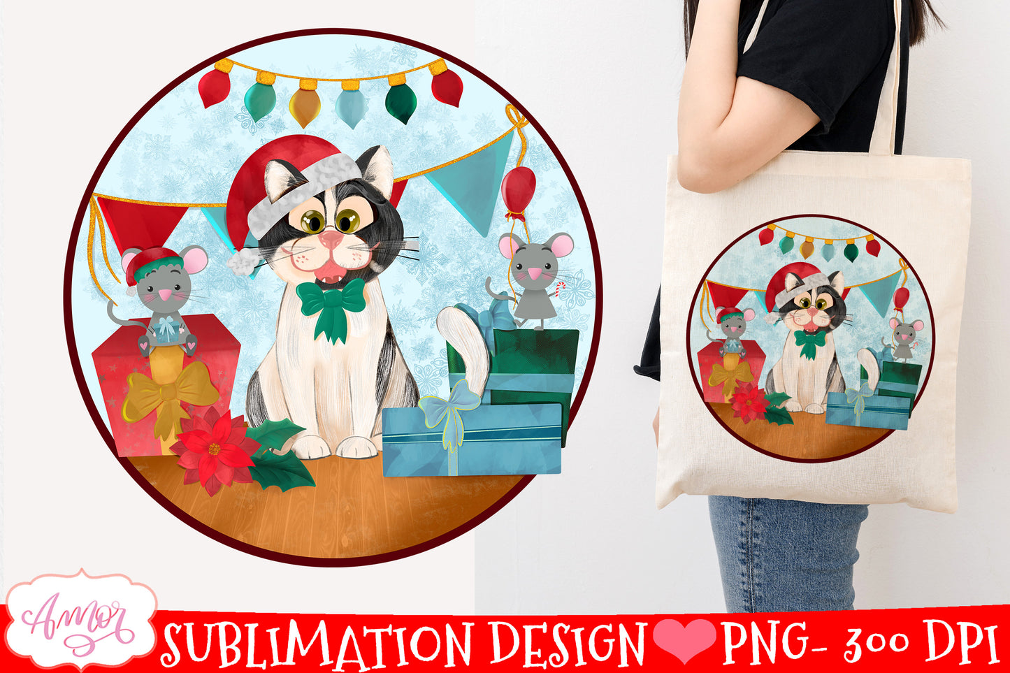 Christmas cat sublimation PNG Christmas design for kids