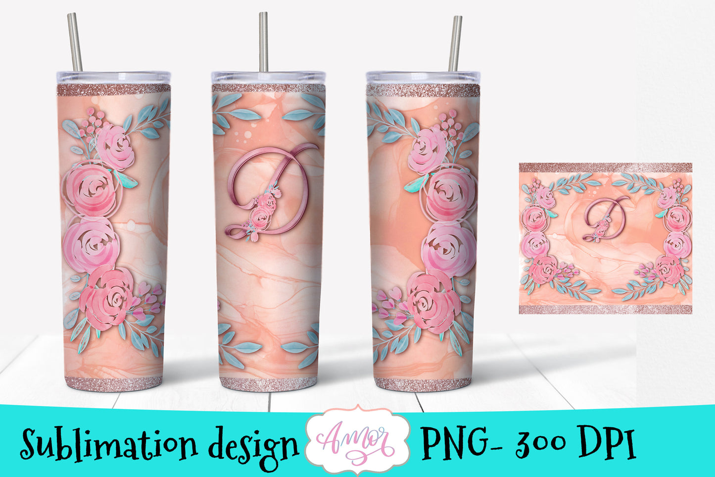 Letter "D" Monogram tumbler PNG design for sublimation
