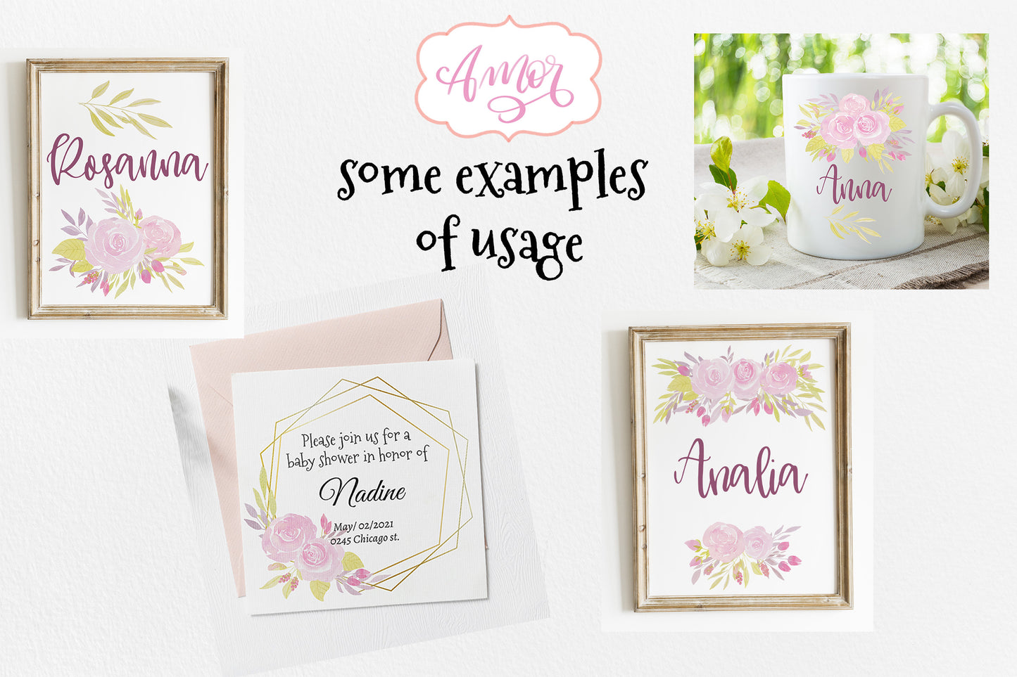 Watercolor Pink Roses Clipart for wedding invitations
