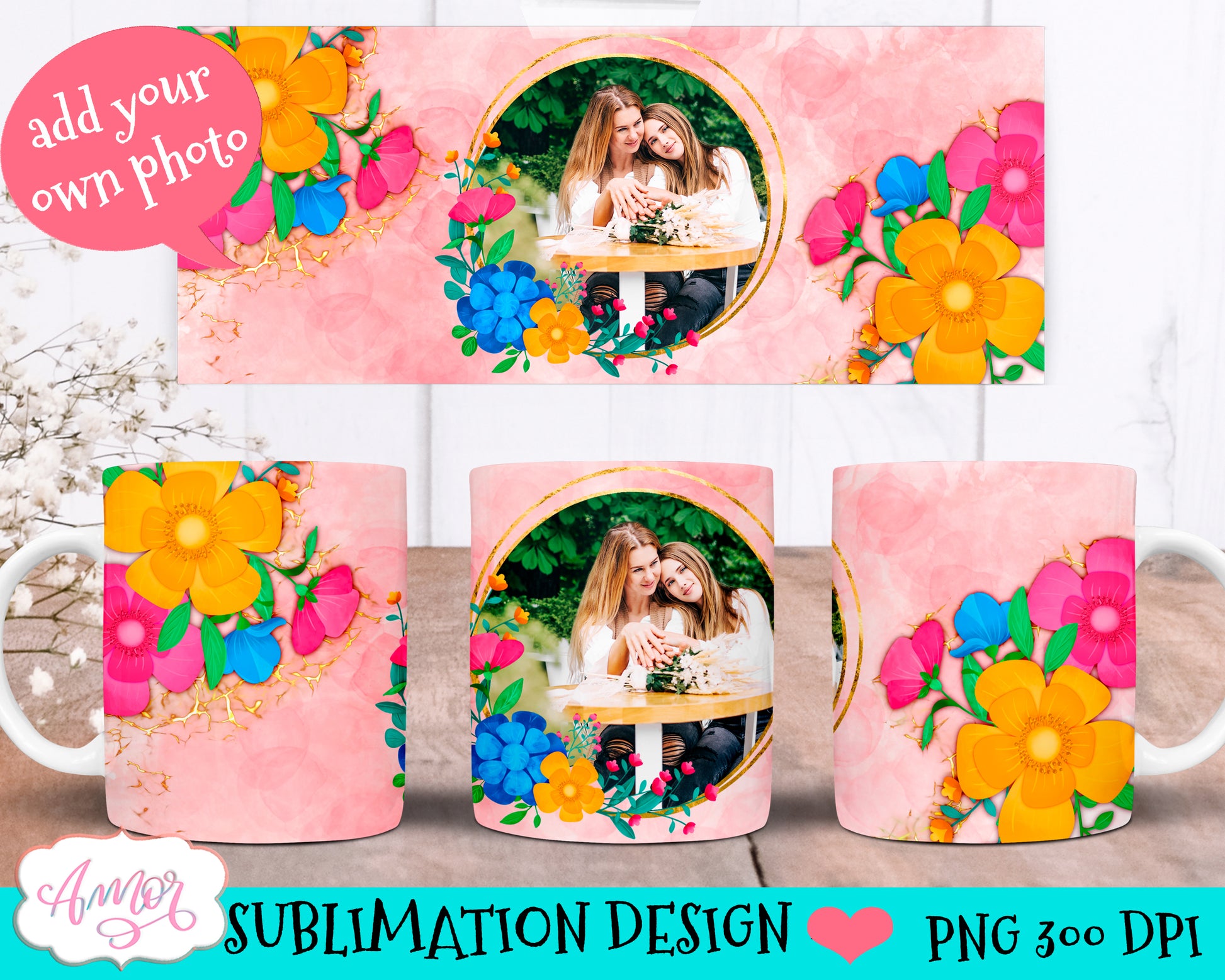 Floral photo customizable mug sublimation Bundle