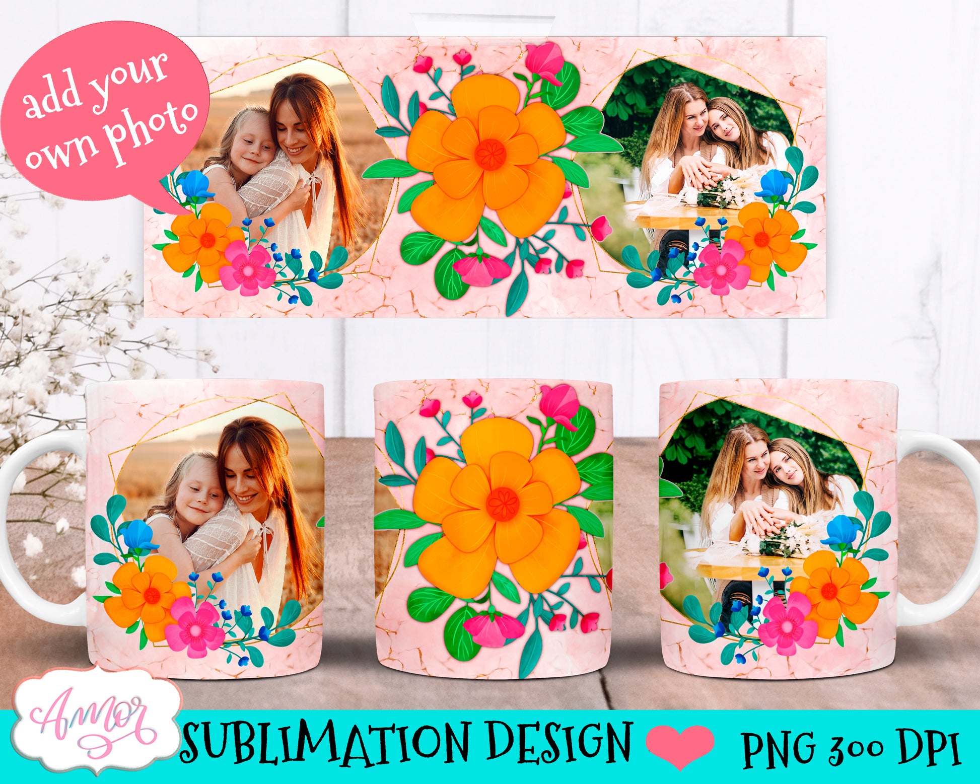 Floral photo customizable mug sublimation Bundle